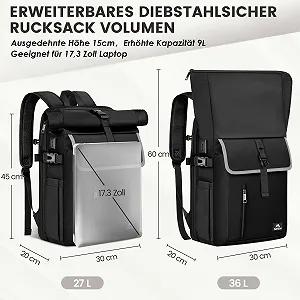 Рюкзак для ноутбука MATEIN Rolltop Чоловічий Водонепроникний 36 л 17.3 дюйма з USB та RFID Чорний synthetic.ua - Фото 1