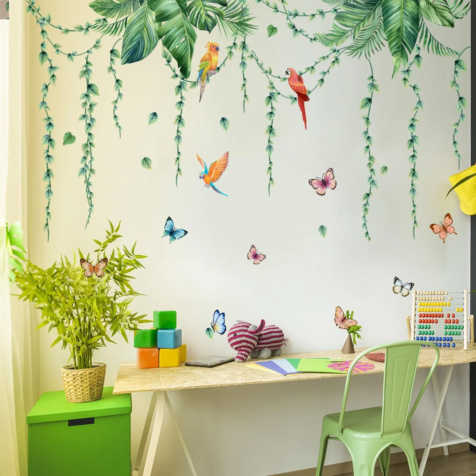 Наклейка на стіну Рослини Тропічне листя та птахи вінілова Зелена, фото №7