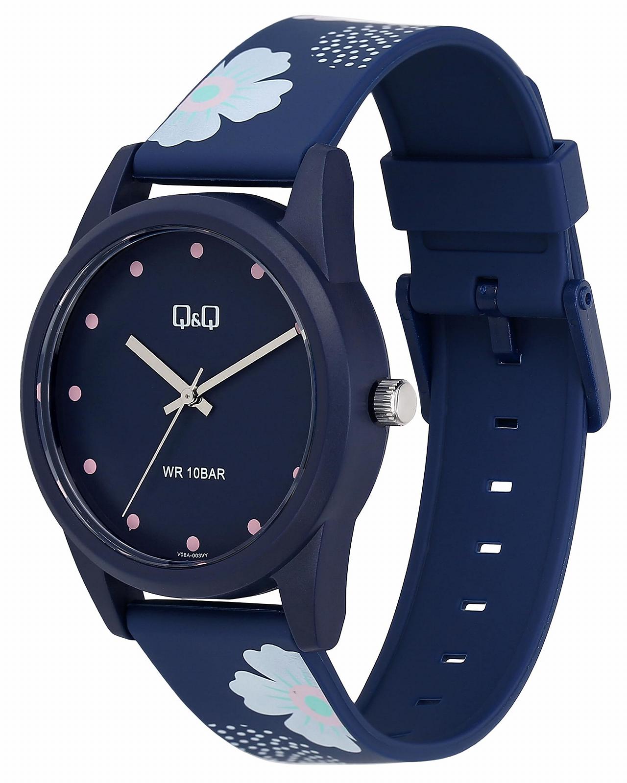 Женские часы Q&Q V08A-003VY, аналоговые, кварцевые, темно-синие, с цветочным узором, силиконовый ремешок, застежка-пряжка, 10 Бар, фото №2