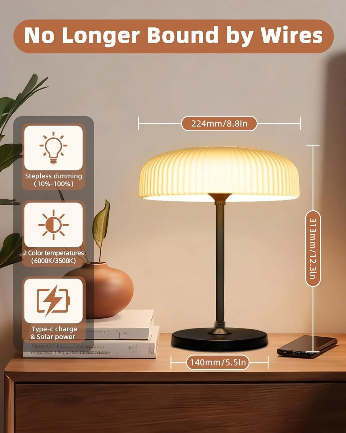 Настільна лампа на сонячній батареї Mushroom акумуляторна USB IP54 димована, фото №3