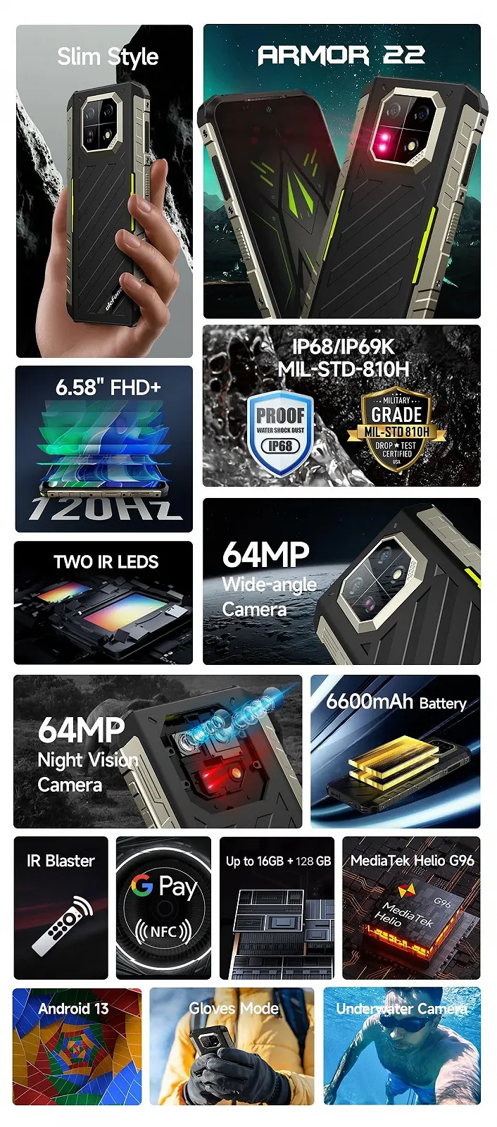 Защищенный смартфон Ulefone Armor 22 64 MP + 64 MP 16 GB + 128 GB 6.58" FHD + 120 Hz IP68 IP69K Android 13 NFC Green, фото №2