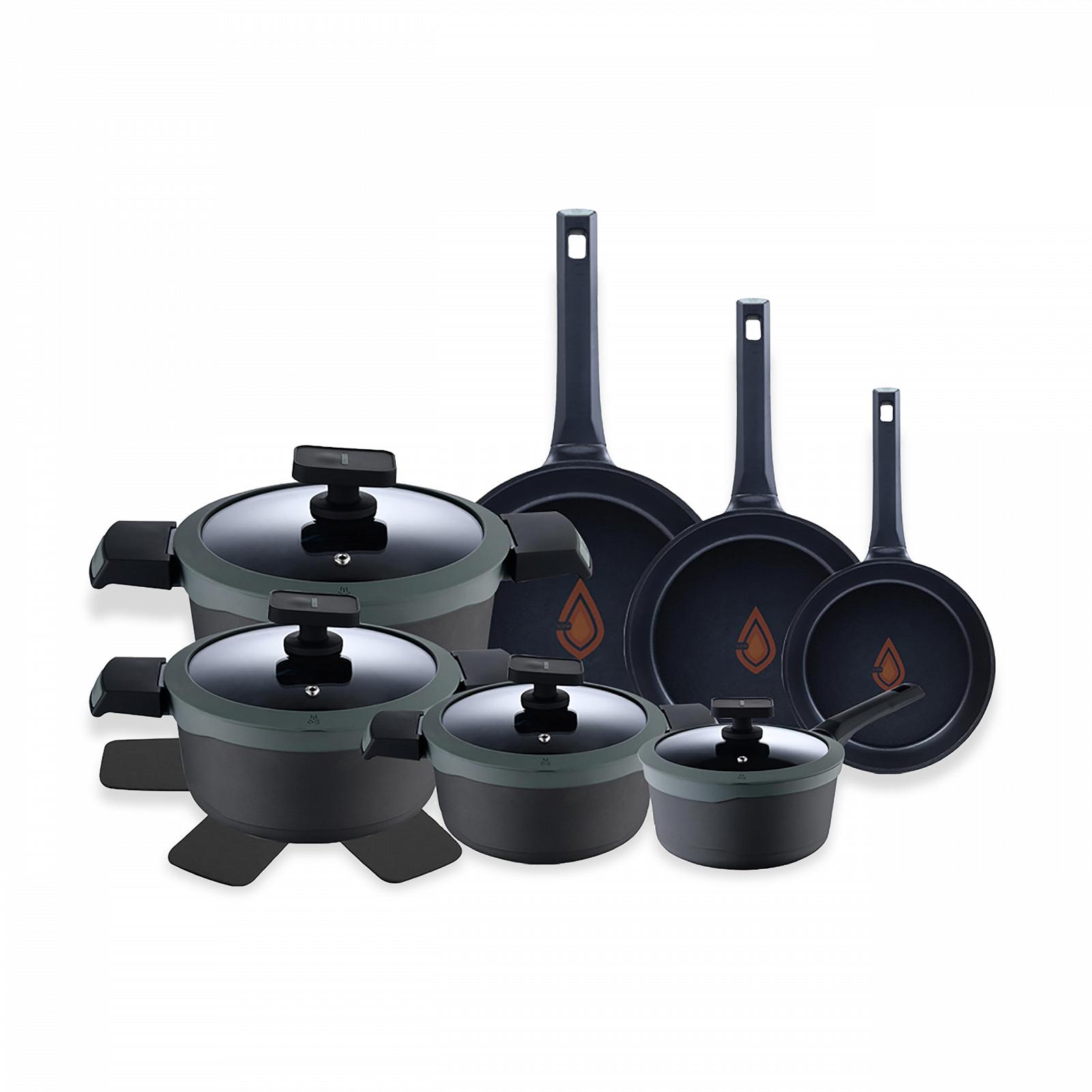 Набор MasterPRO Gastro Reeco 14-Piece 20, 24 и 28 см Сковородки 20, 24 и 28 см Кастрюли 16 см Кастрюля с Крышкой Переработанный Литой Алюминий Heatdot Антипригарное Покрытие, фото №1