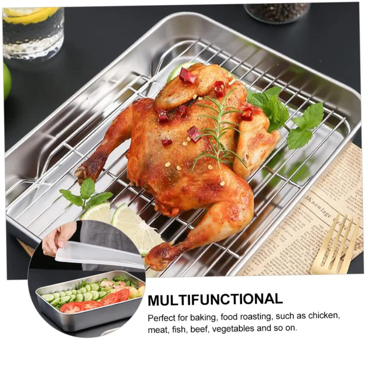 Форма для запекания Gatuida прямоугольная из нержавеющей стали с решеткой, фото №5