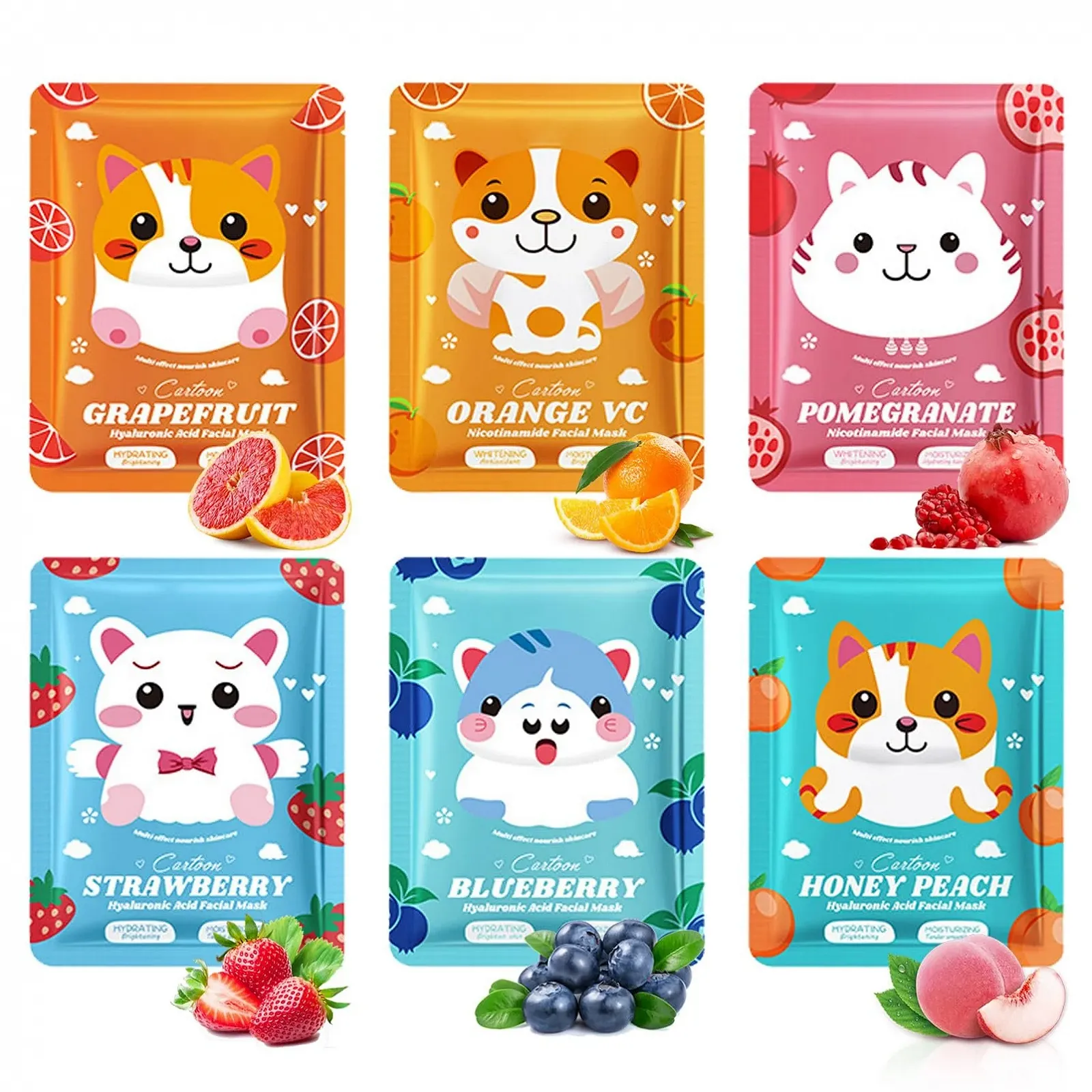 Тканевая Маска для Лица ARCHIDATE Фрукты (грейпфрут, апельсин, гранат, черника, клубника, персик) 6 шт, фото №1