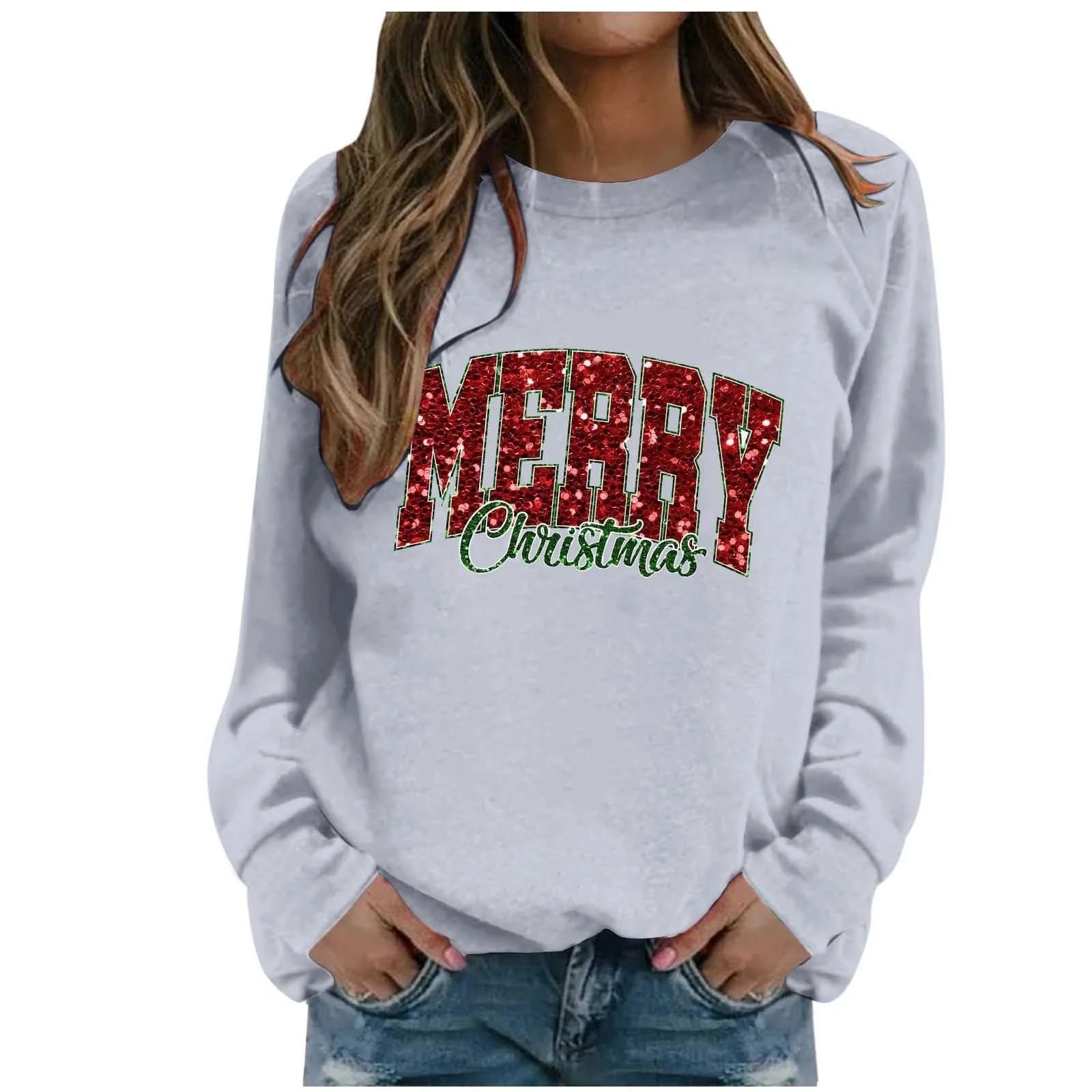 Женский зимний рождественский свитер Рождественский пуловер Рубашка с длинными рукавами большого размера Теплая веселая рождественская рубашка, фото №1