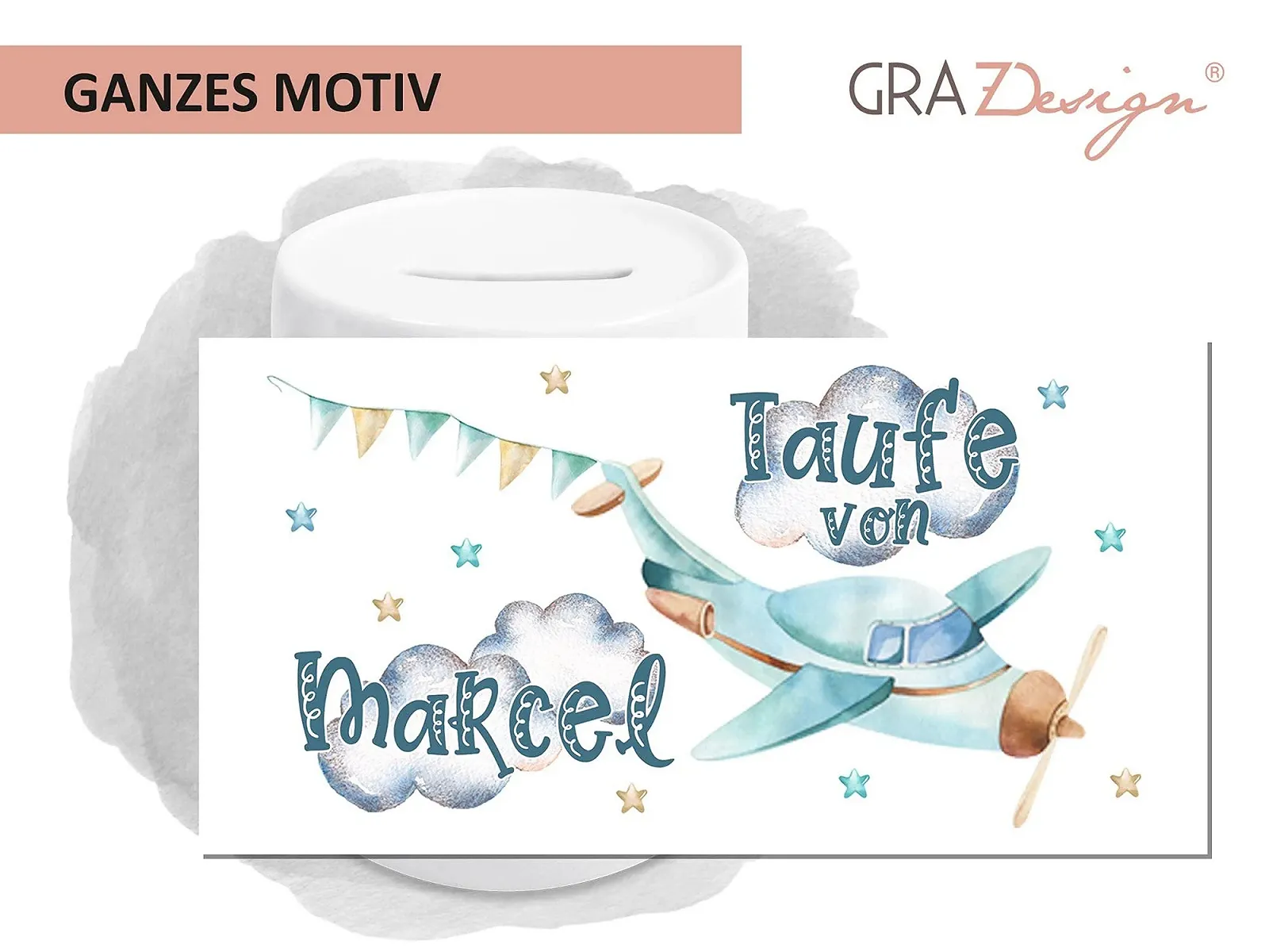 Скарбничка GRAZDesign Хрещення хлопчика персоналізована Літак керамічна, фото №3