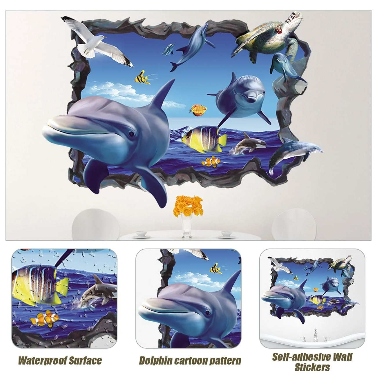Наклейка на стіну 3D False Window Sea Self-Adhesive Underwater World Dolphin Fish Turtle Seaweed 40 x 57 см, фото №4 Наклейка на стіну 3D False Window Sea Self-Adhesive Underwater World Dolphin Fish Turtle Seaweed 40 x 57 см, фото №4