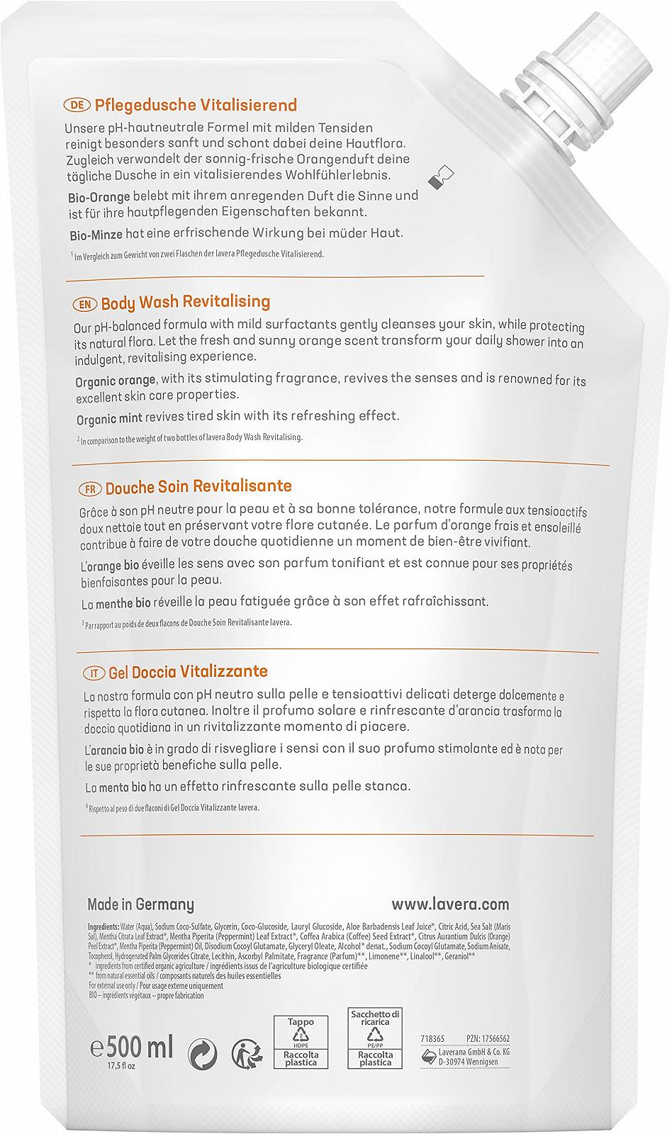 Гель для душа lavera Revitalising Refill Bag с органическим апельсином и мятой 500 мл, фото №4 Гель для душа lavera Revitalising Refill Bag с органическим апельсином и мятой 500 мл, фото №4