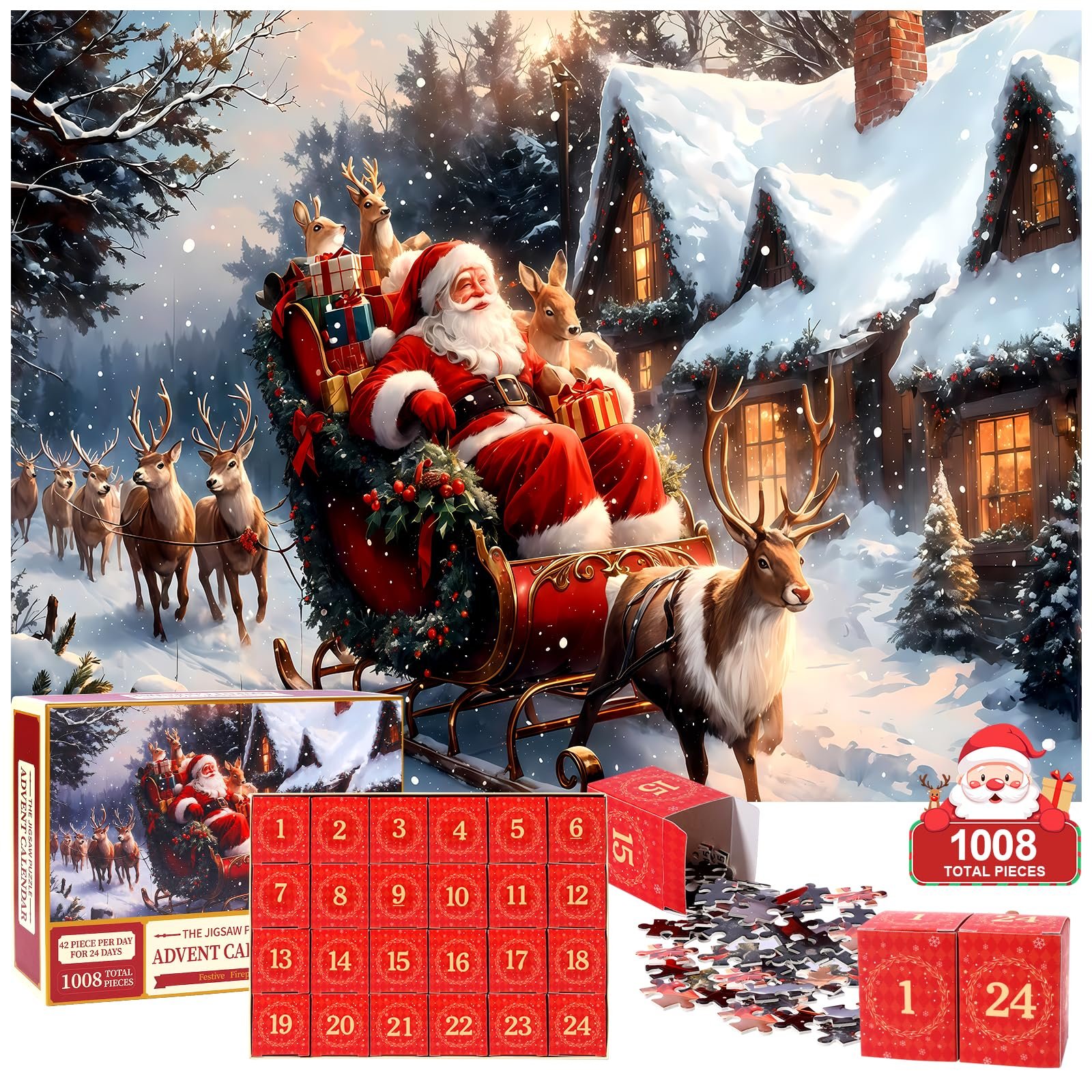 Пазл-адвент-календарь 2025 Санта-Клаус 1008 деталей 24 дня, фото №1