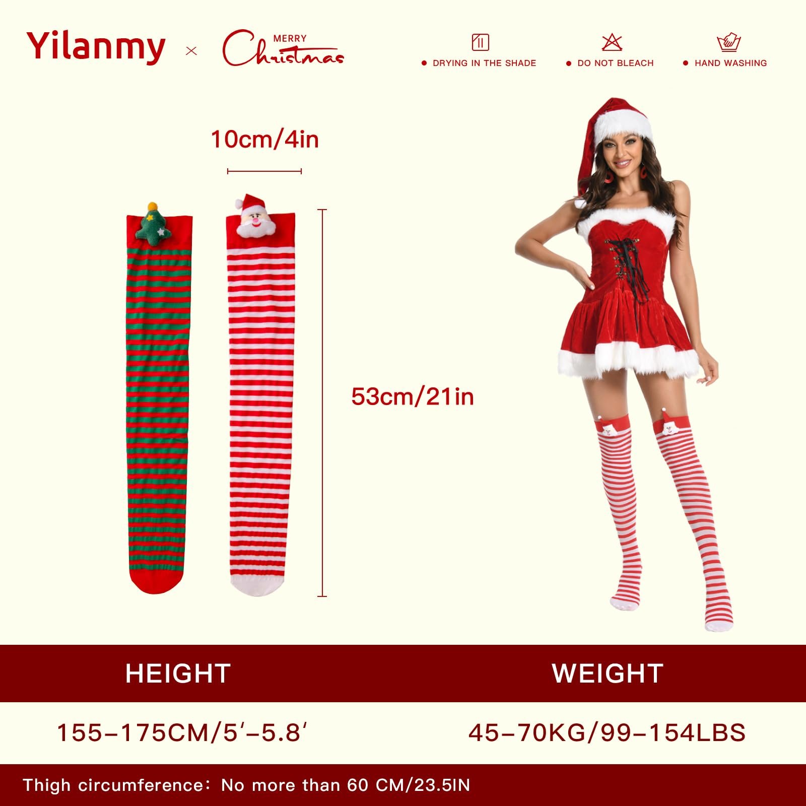 Гольфы Yilanmy Рождественские выше колена, 2 пары, женские, полосатые, высокие, для косплея на Рождество, фото №6