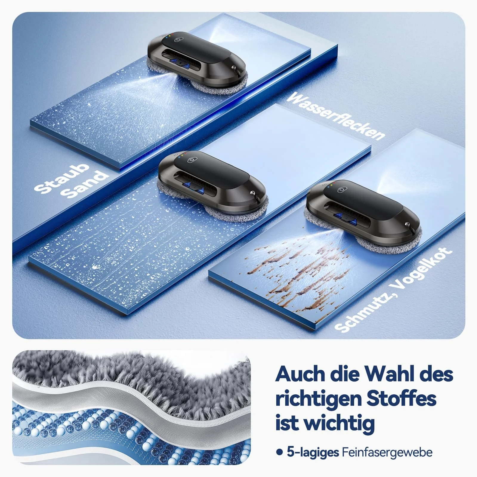 Робот для миття вікон з подвійним розпилювачем 6000Pa Electric Window Robot, дистанційне керування, 3 режими очищення, виявлення країв, інтелектуальна навігація, система безпеки, для гладких поверхонь, фото №5