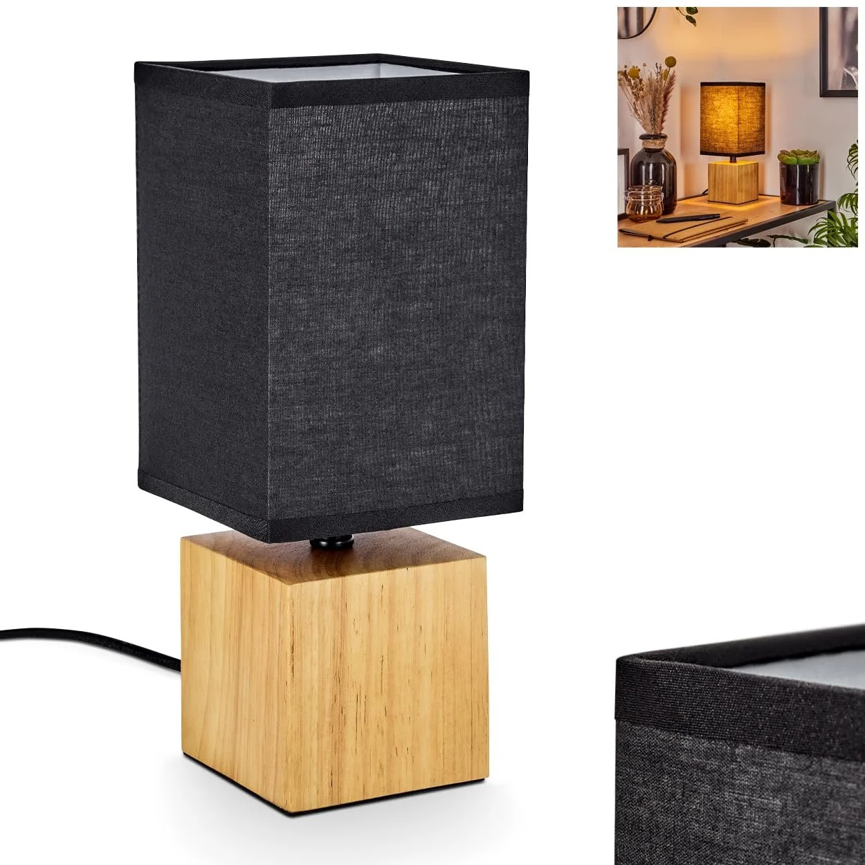 Настільна лампа Talco дерево/тканина квадратна висота 30 см цоколь E27 Натурально-чорна, фото №1