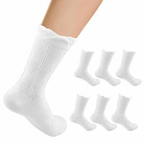 Набор носков с оборками, 6 пар Белые хлопковые носки с оборками для женщин, Удобные носки с оборками средней высоты, Мягкие дышащие трикотажные носки с ромбовидным и цветочным узором - Фото 1