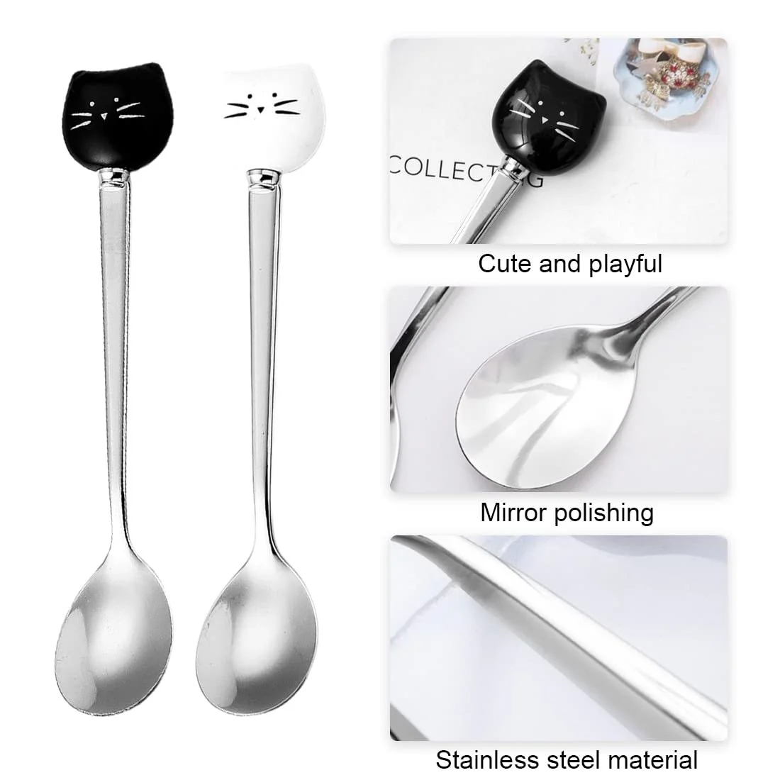 Ложка XPEX Котяча Голова, нержавіюча сталь, чорний, білий, набір 6 штук, фото №3
