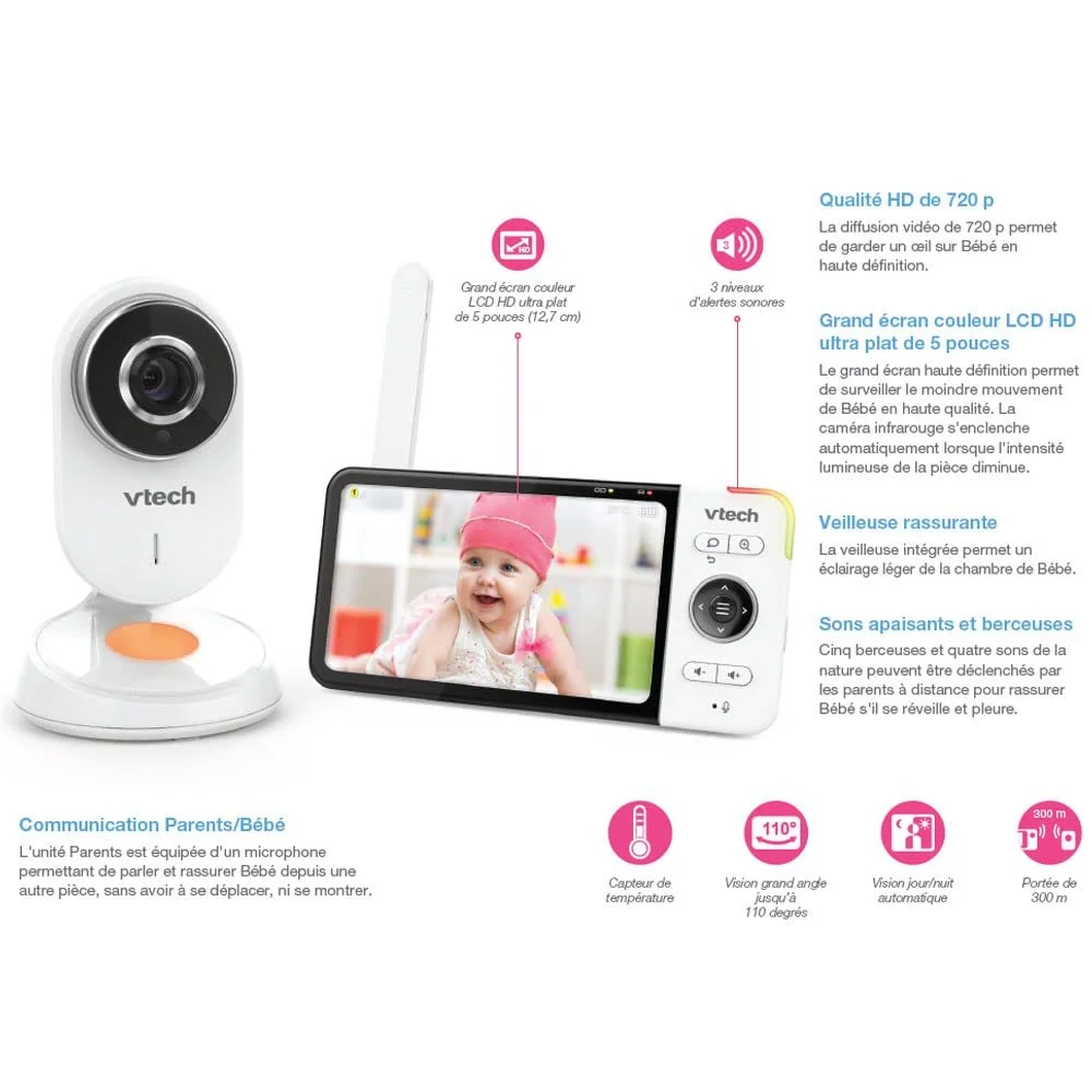 Відеоняня VTech BM818, 5-дюймовий ультратонкий HD-дисплей, нічник та колискові 720p, білий, фото №3