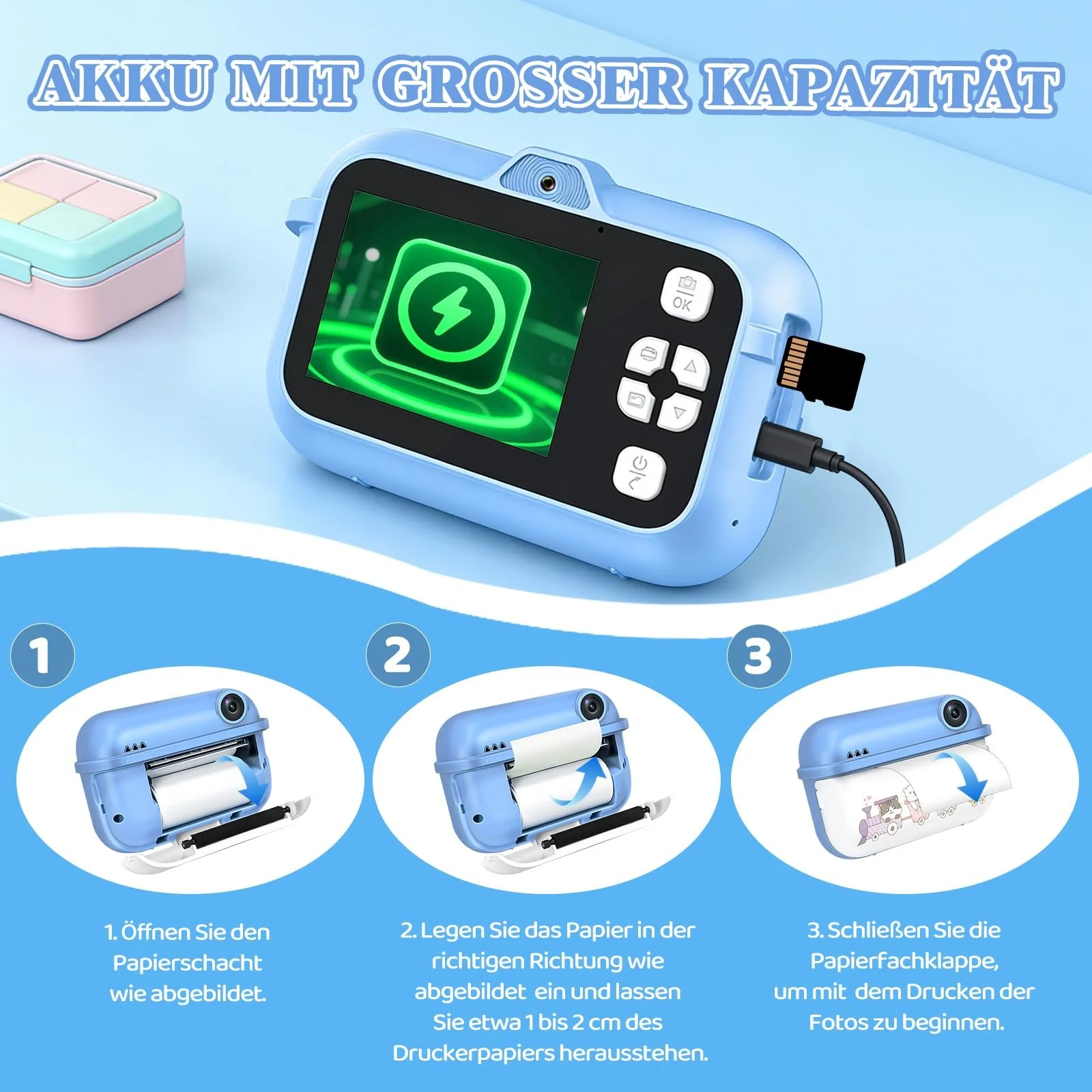 Детская камера мгновенной печати 48 МП Dual Camera 1080P 2,4" IPS 8x Zoom 32 ГБ TF бумага для печати Blue, фото №7