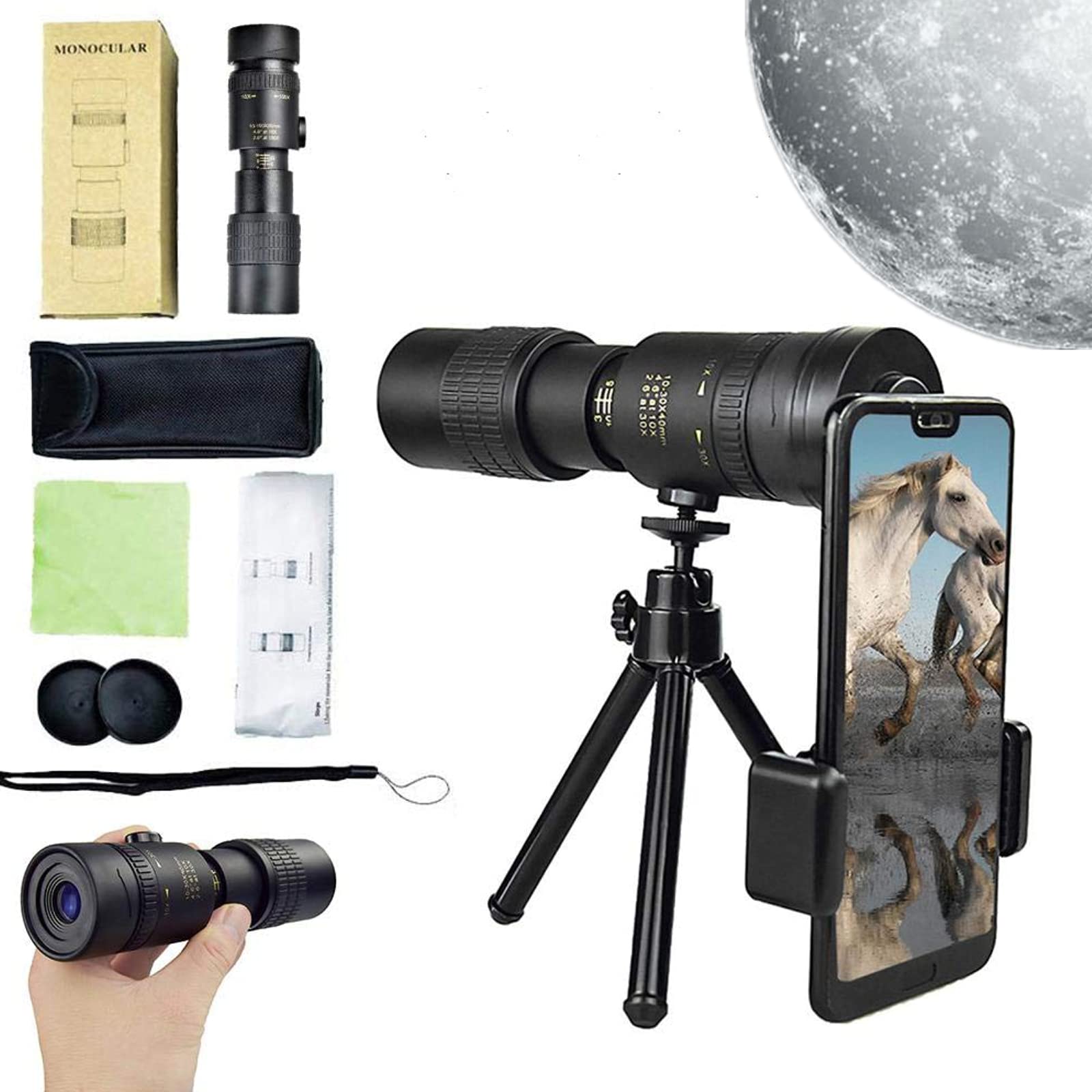 Монокуляр WHXJ 4k Super Telephoto Zoom 10-300 x 40 мм з тримачем для телефону та штативом, фото №1