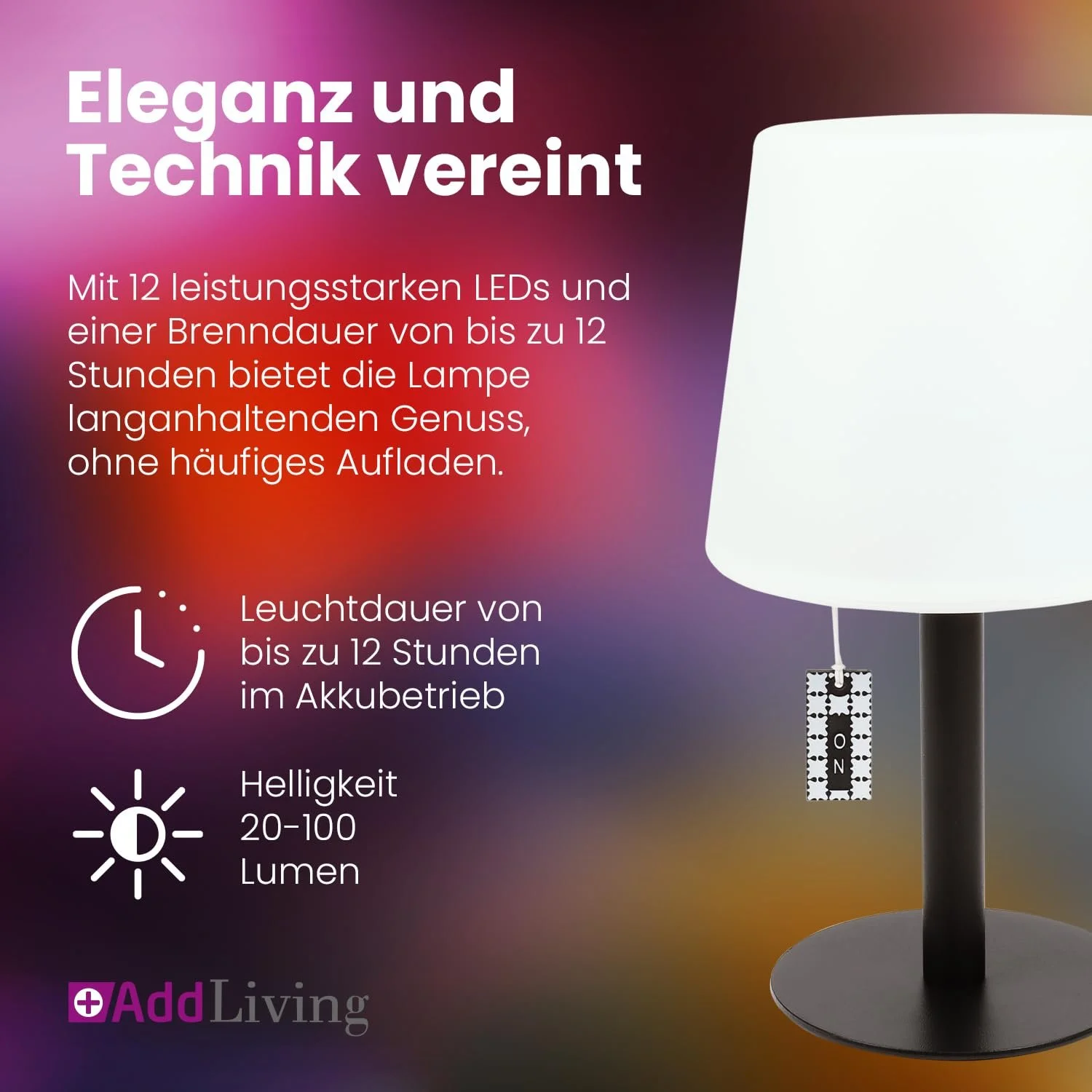 Настільна лампа AddLiving LED Зі шнурковим вимикачем Димуєма Бездротова RGB IP44 Чорна, фото №3