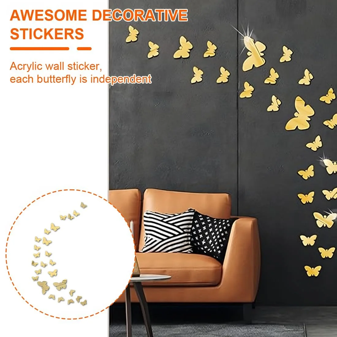 Наклейки на стіну 25 шт. Акрилові метелики Дзеркальний ефект Золоті, фото №2