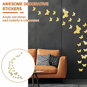 Наклейки на стіну 25 шт. Акрилові метелики Дзеркальний ефект Золоті synthetic.ua - Фото 1