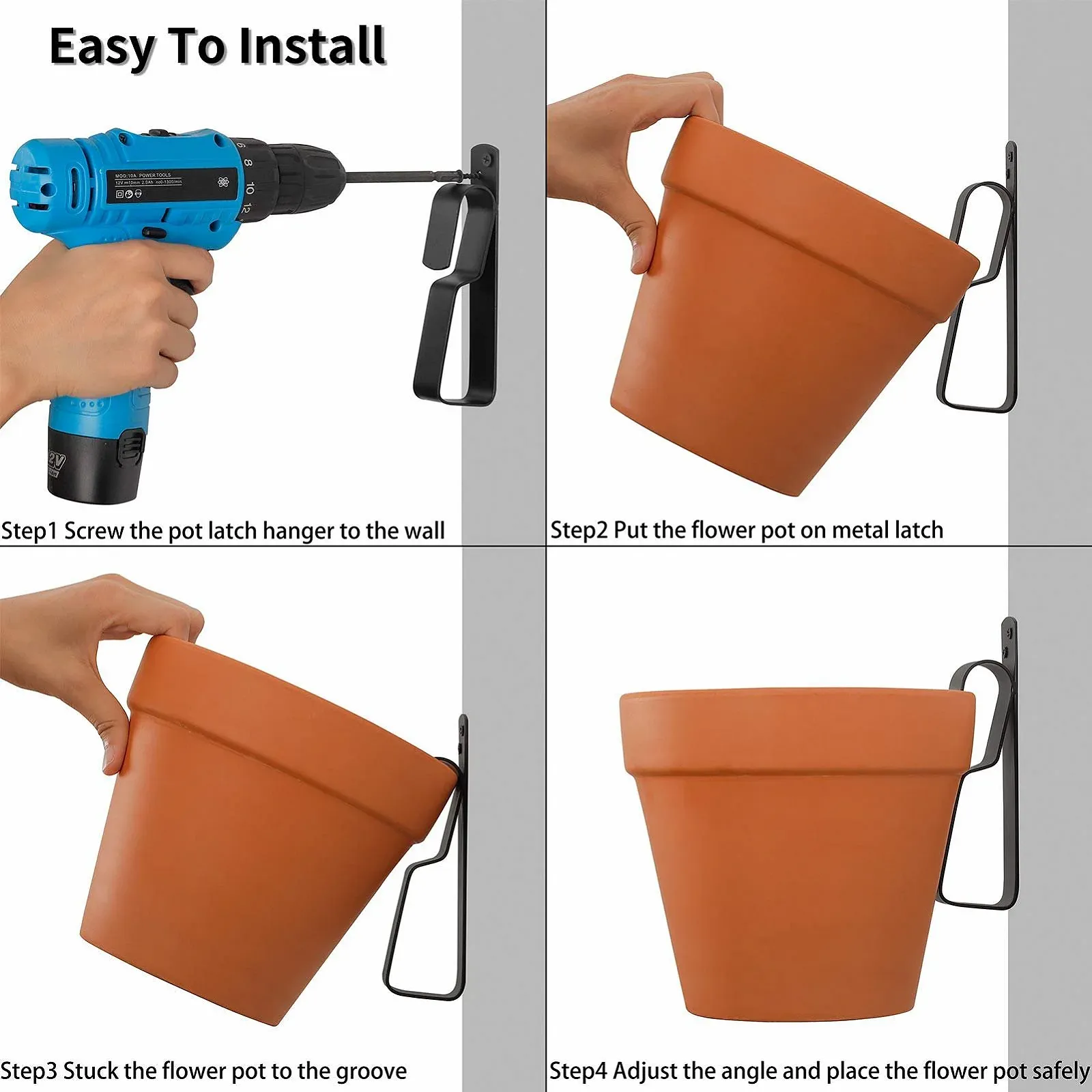 Залізний гачок для рослин кліпси для теракотових горщиків 10-23 см набір із 4 шт. чорний, фото №6