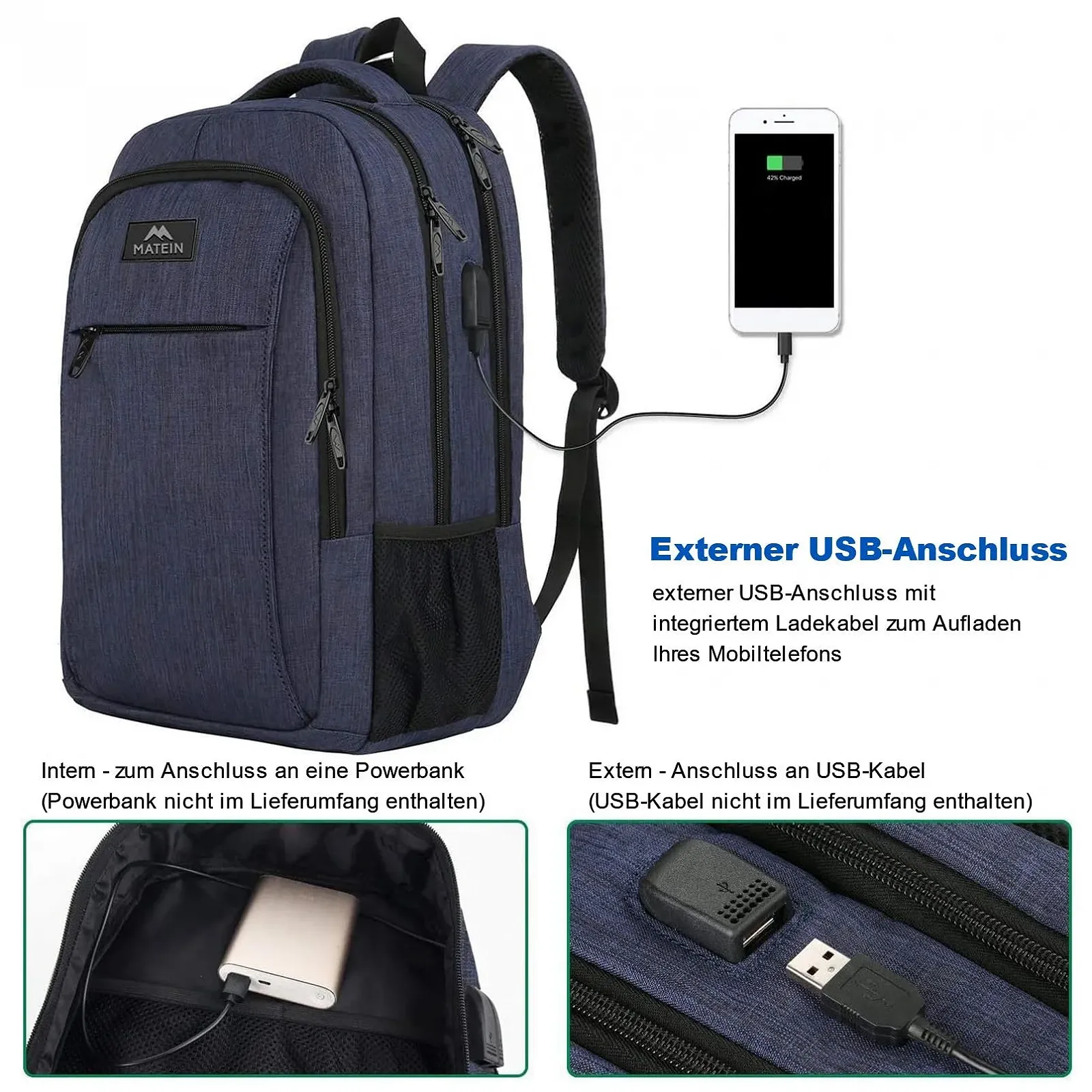 Рюкзак для ноутбука MATEIN 17.3" с USB антивор темно-синий, фото №2 Рюкзак для ноутбука MATEIN 17.3" с USB антивор темно-синий, фото №2