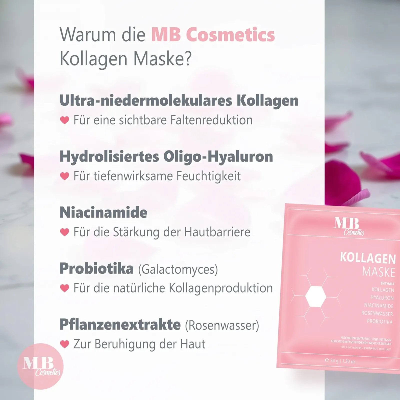 Маска для обличчя MB Cosmetics Collagen - З гіалуроном, ніацинамідами та пробіотиками 5 шт, фото №5
