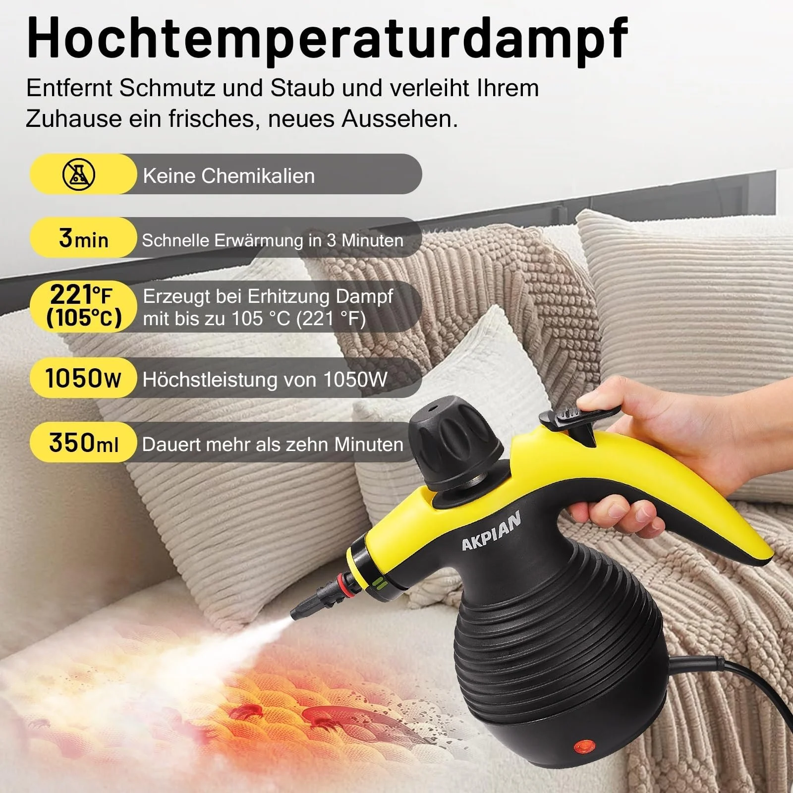 Ручний пароочисник AKPIAN універсальний з 10 аксесуарами та захисним замком head, фото №2 Ручний пароочисник AKPIAN універсальний з 10 аксесуарами та захисним замком head, фото №2