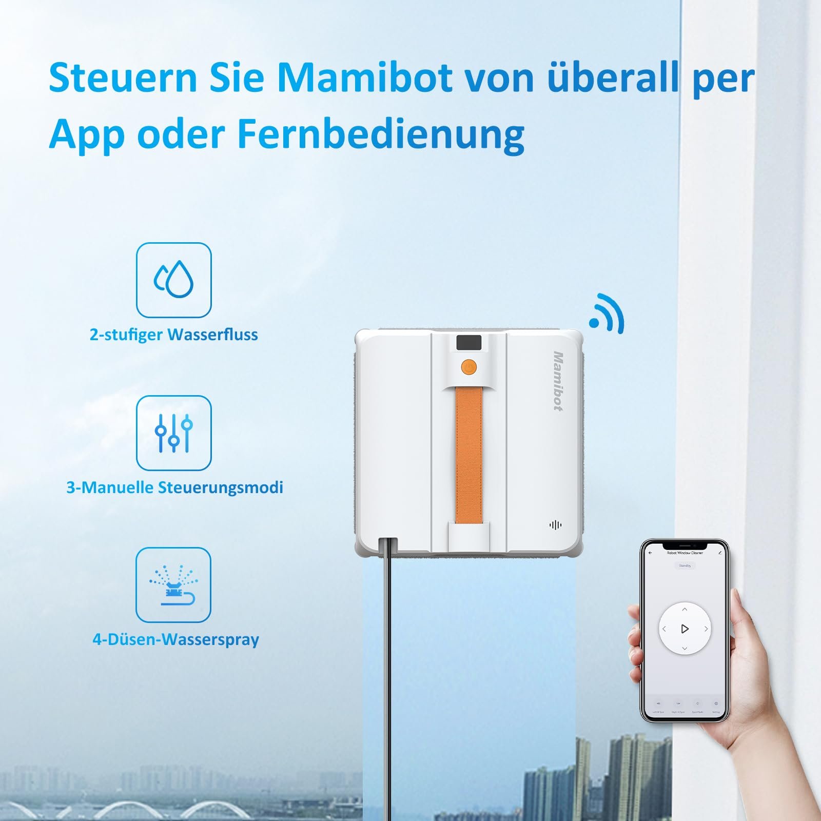 Робот для мойки окон Mamibot W120-DP с функцией распыления, интеллектуальным планированием маршрута, двойной перекрестной водяной струей, дистанционным управлением и управлением через приложение, оранжевый, фото №4