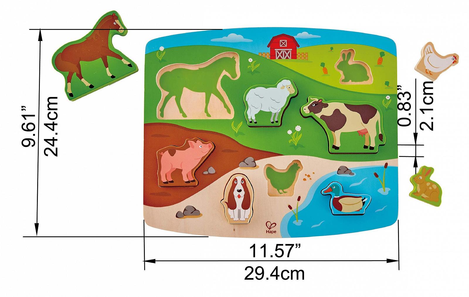 Дерев'яний пазл Hape HAP-E1454 Farm Animal Puzzle & Play різнокольоровий 5'' x 2'', фото №4