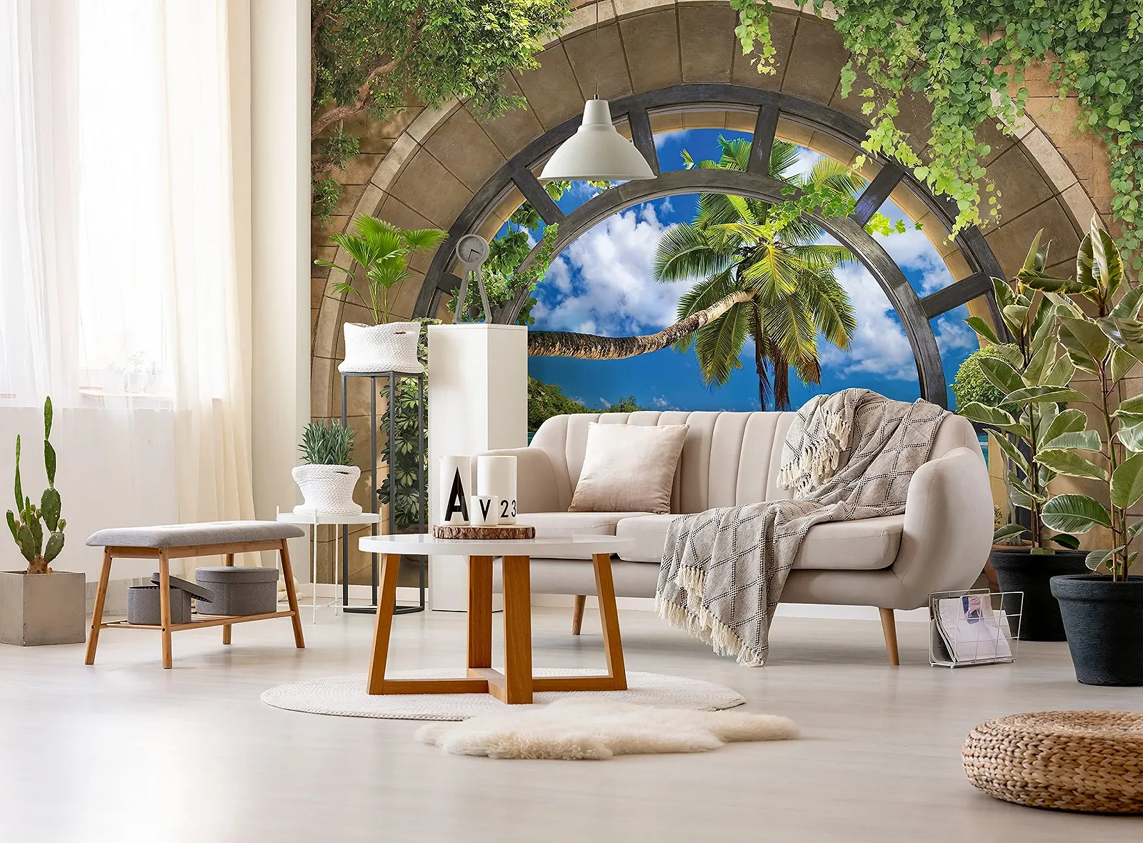 Фотошпалери 11554 VEXXL 3D Вікно Пляж Море Пальми 312 x 219 см 3 Панелі Флізелінові, фото №4