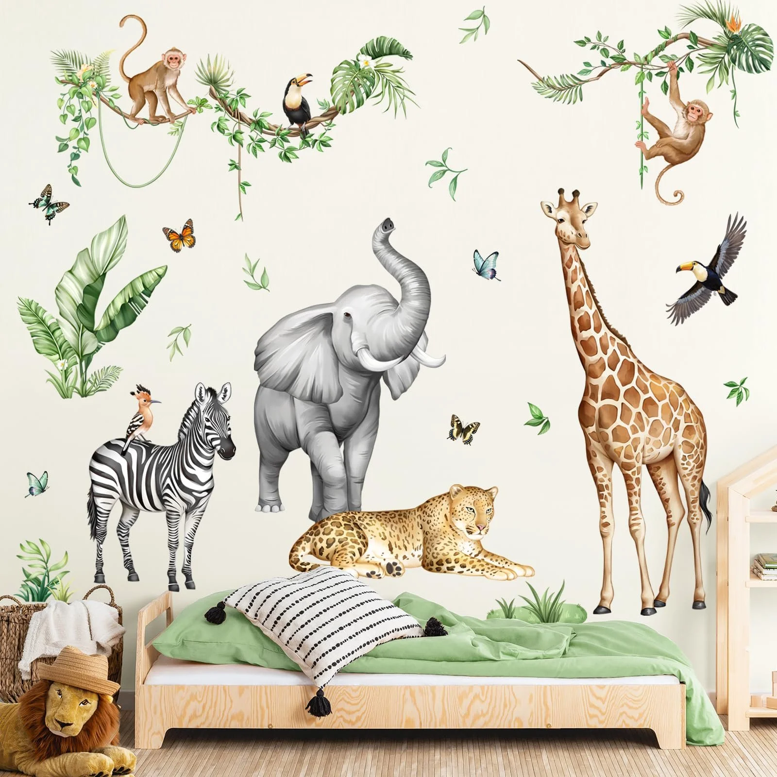Наклейка на стіну Supzone Jungle Safari Animals Tree XXL Giraffe Elephant 140 x 120 см, фото №1