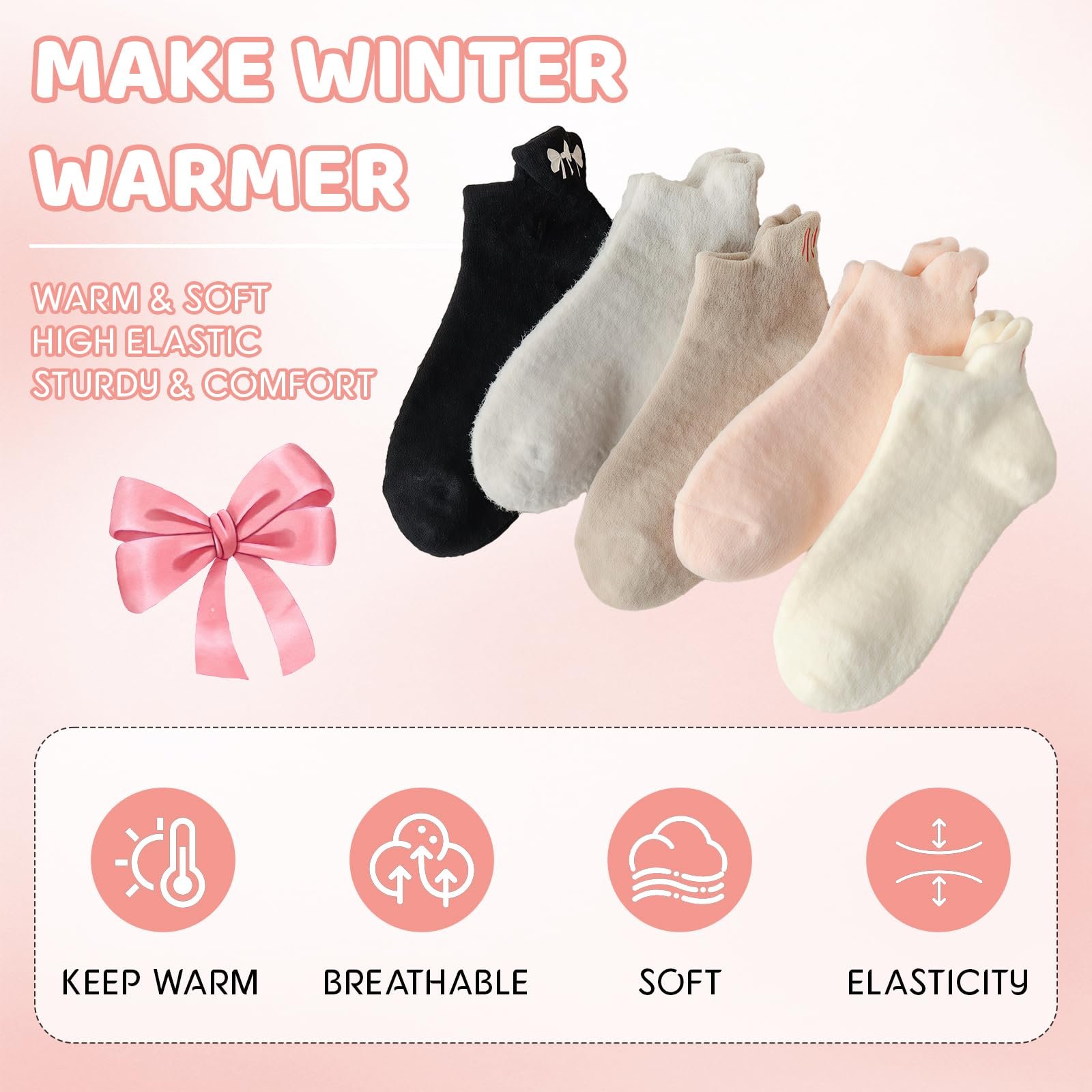 Шкарпетки з бантом для жінок (5 пар) Зимові м'які шкарпетки-капці, фото №3