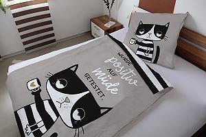 Постільна білизна H:)PPY life З малюнком втомленого кота 135 см x 200 см, наволочка 80 см x 80 см, бавовна, на блискавці, сірий synthetic.ua - Фото 1