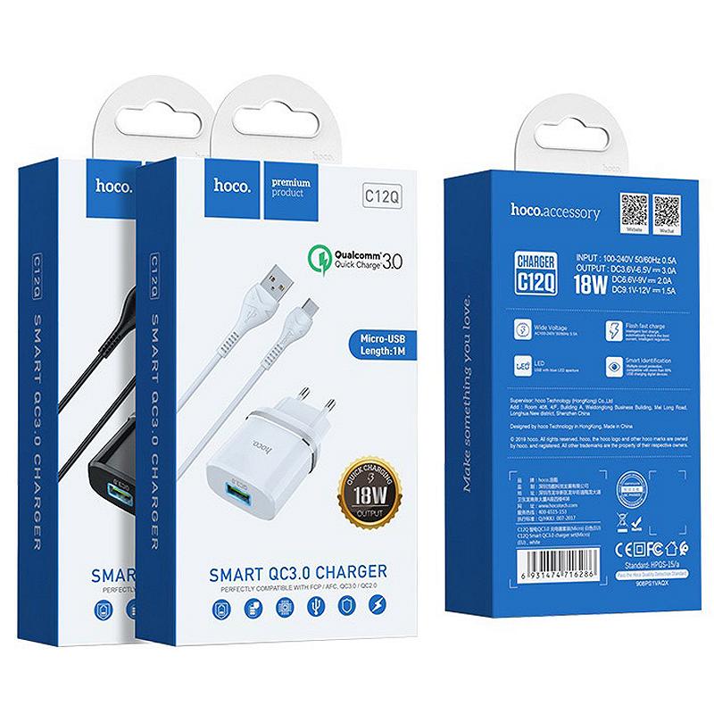 СЗУ Hoco C12Q Smart QC3.0 (1USB/3A) + MicroUSB, фото №6