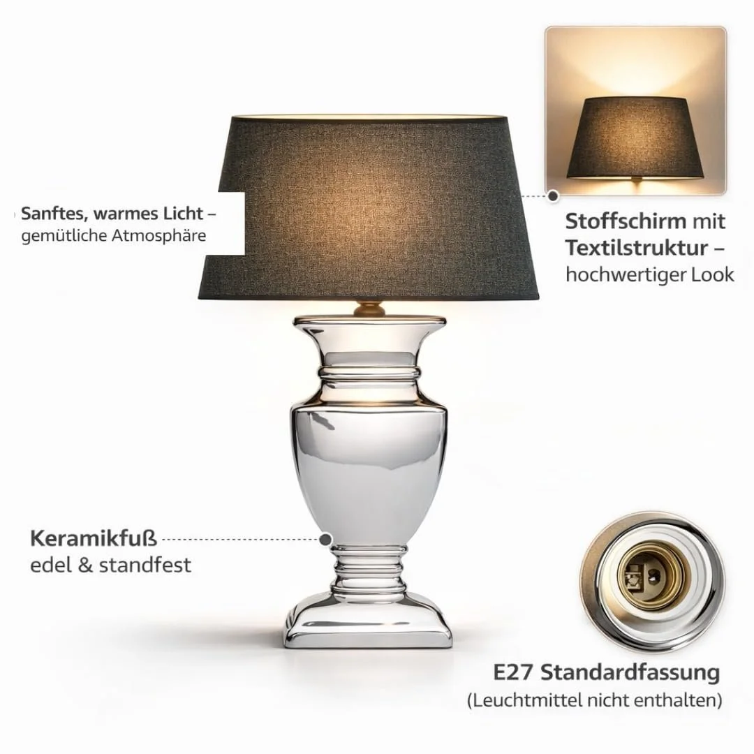 Настільна лампа Ceramic Silver Base Grey Fabric Shade 35 см, фото №4