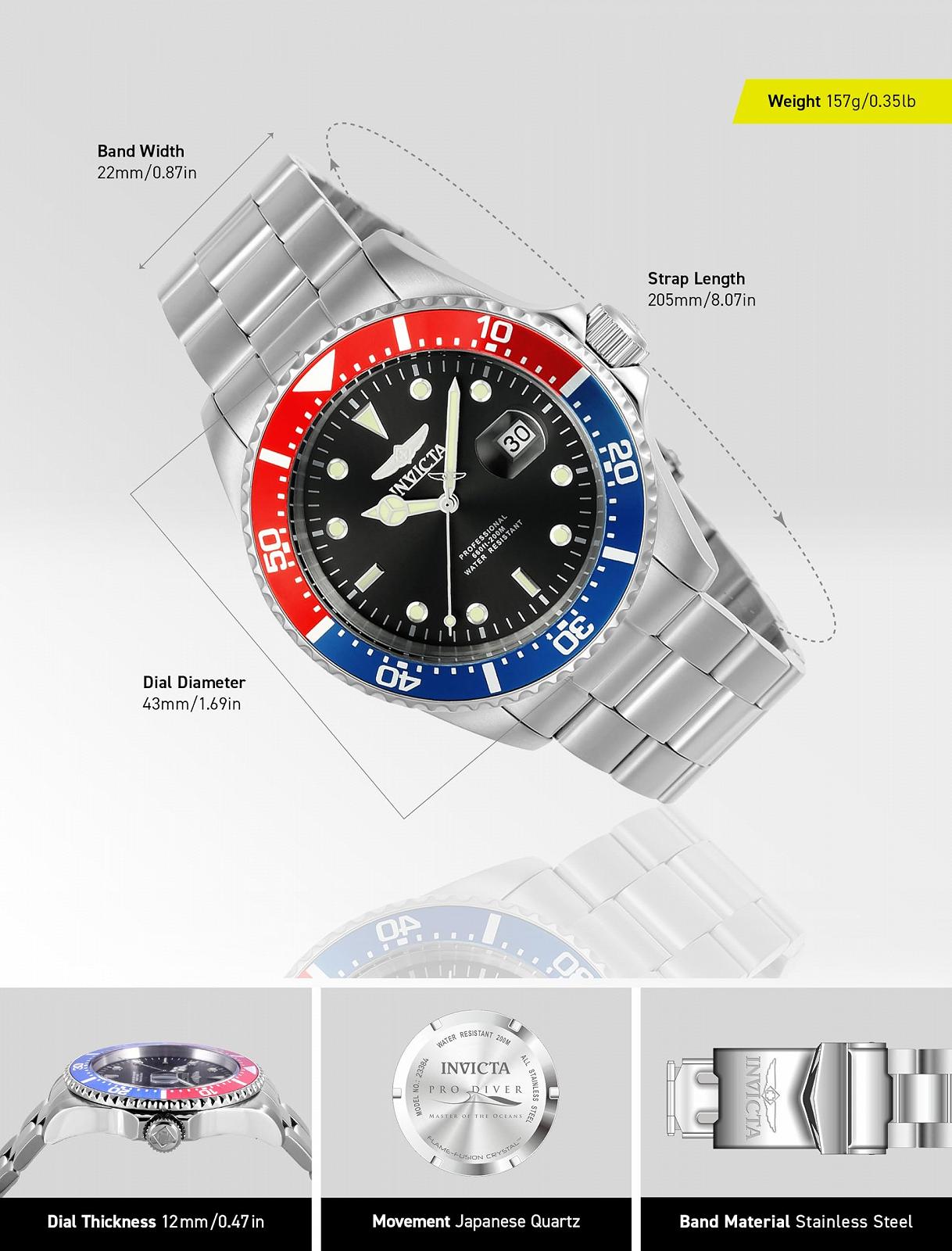 Кварцевые часы для мужчин из нержавеющей стали Invicta Pro Diver - 43 мм, фото №3