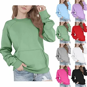 Свитшот NZYIHAO для девочек, с круглым вырезом, оверсайз, легкий, спортивный, с длинными рукавами, однотонный, базовый, с карманом, для детей 5-14 лет synthetic.ua - Фото 1