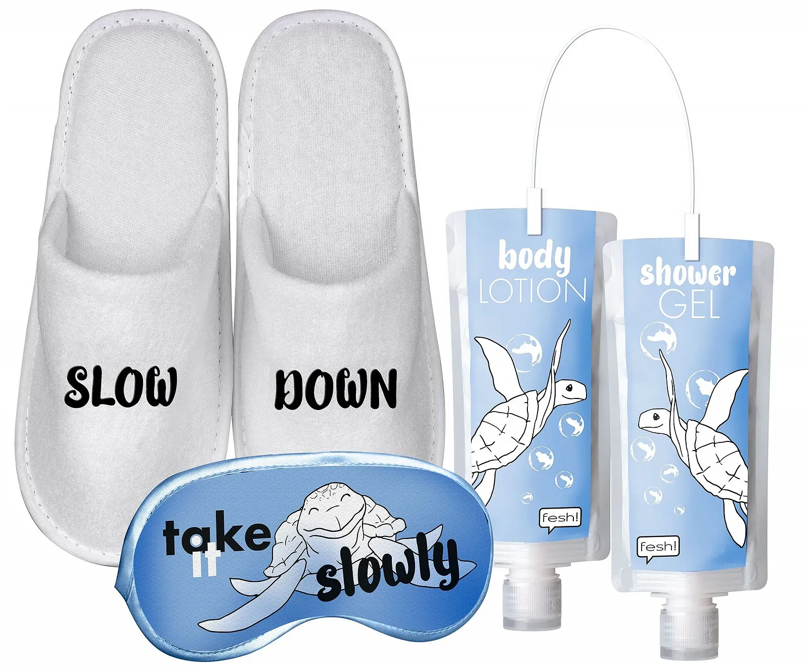 Набір Beauty and Relax fesh Slow Down Care and Wellness, 5 предметів, з гелем для душу, лосьйоном для тіла, маскою для сну та махровими капцями, фото №3