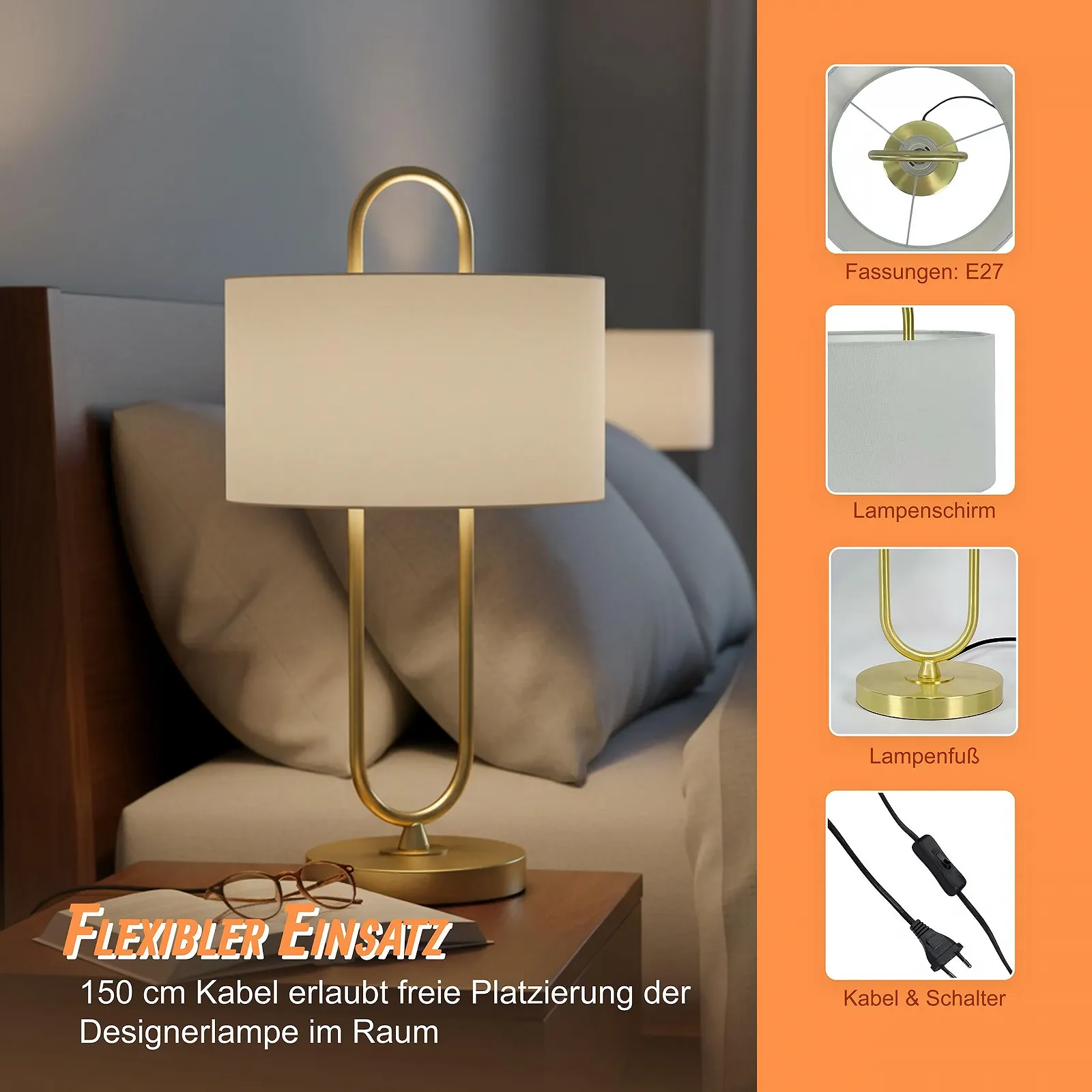 Настільна лампа Relaxdays U-подібна з лляним абажуром E27 55 x 30,5 см Білий/Золотистий, фото №5