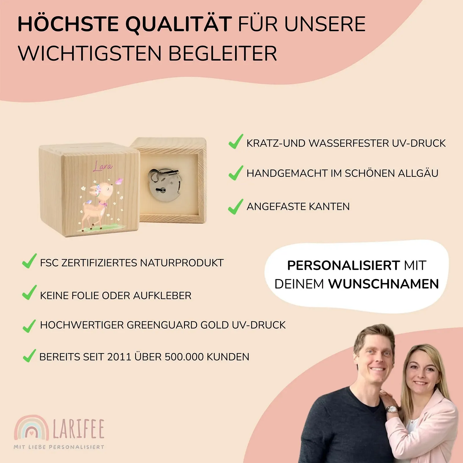 Скарбничка LARIFEE Deer Fawn with Butterfly дерев'яна персоналізована із замком та ключем куб, фото №4