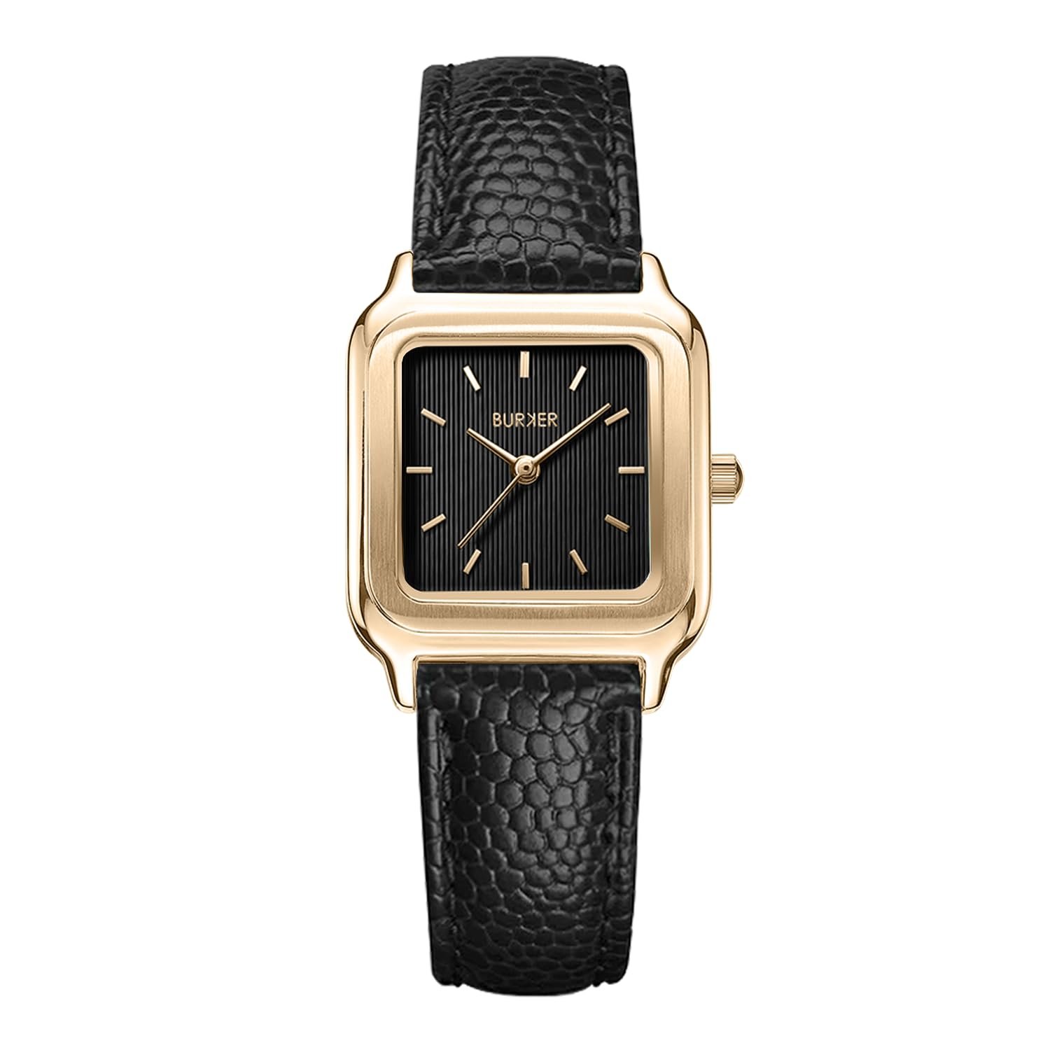 Женские часы BURKER Macy Квадратные Аналоговые Кварцевые 26 мм Золотой Черный/Черная Кожа, фото №1