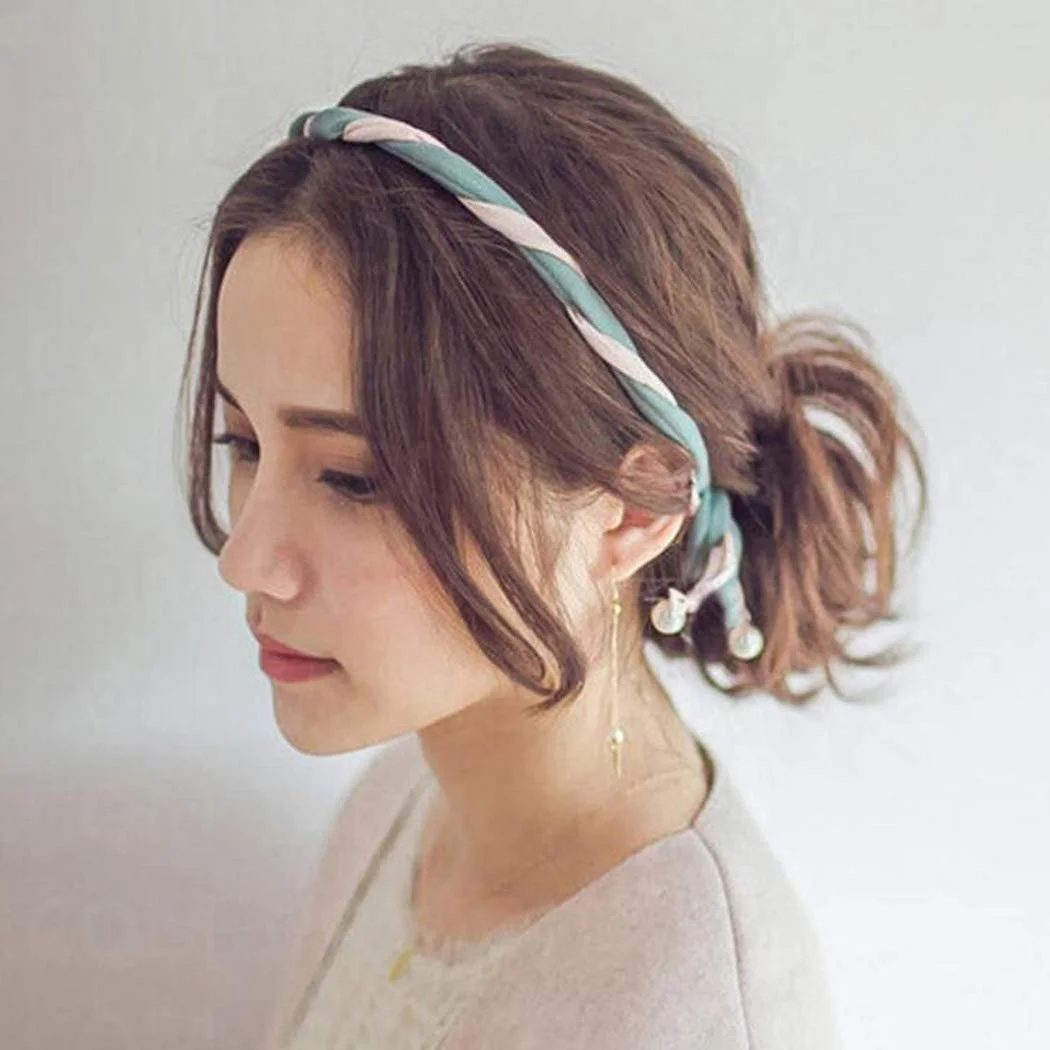 Пов'язка в стилі бохо з намистинами та залізним дротом Синьо-рожевий, фото №1