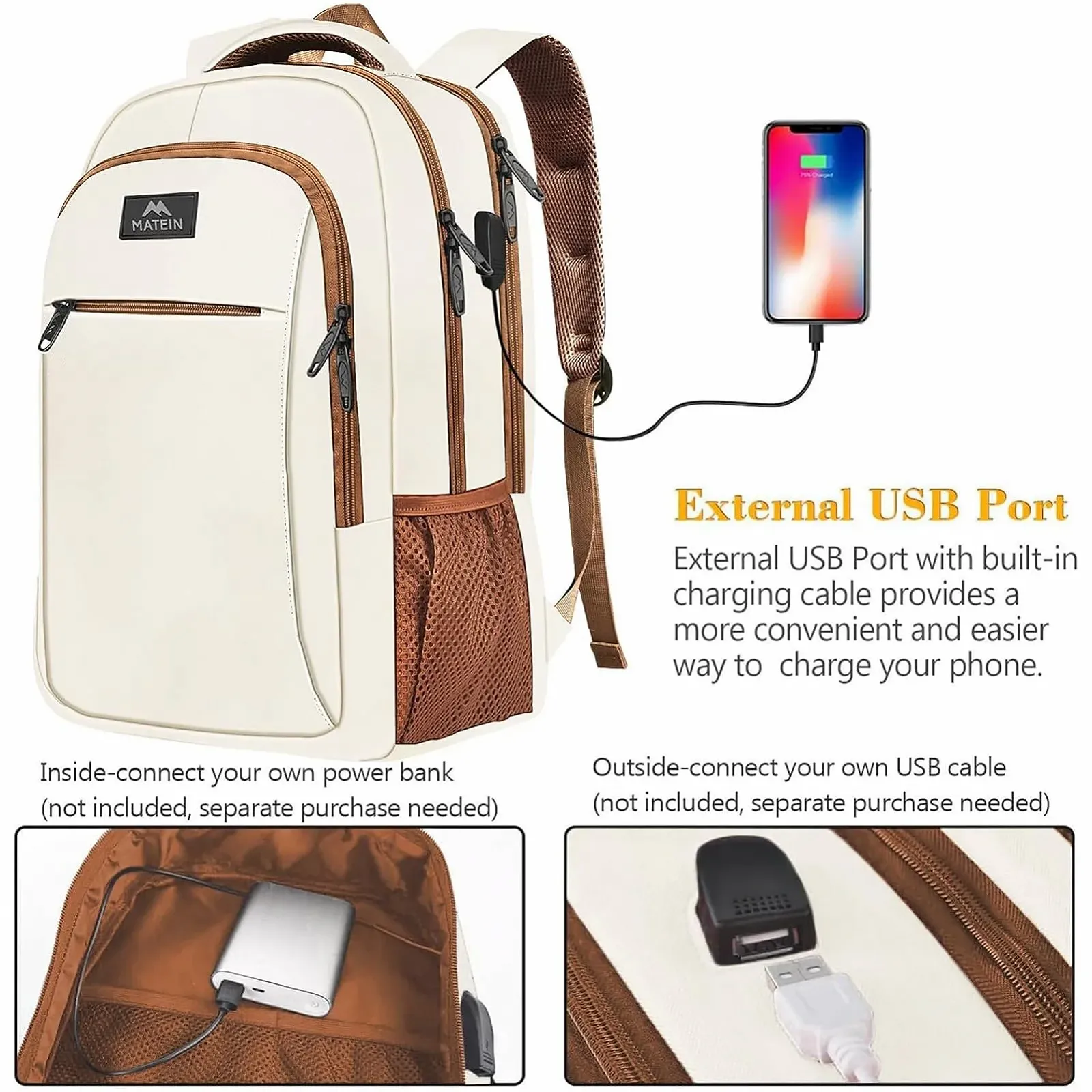 Рюкзак для ноутбука MATEIN Business Laptop Backpack 15.6 Inch с USB-портом водоотталкивающий Бежево-коричневый, фото №2 Рюкзак для ноутбука MATEIN Business Laptop Backpack 15.6 Inch с USB-портом водоотталкивающий Бежево-коричневый, фото №2