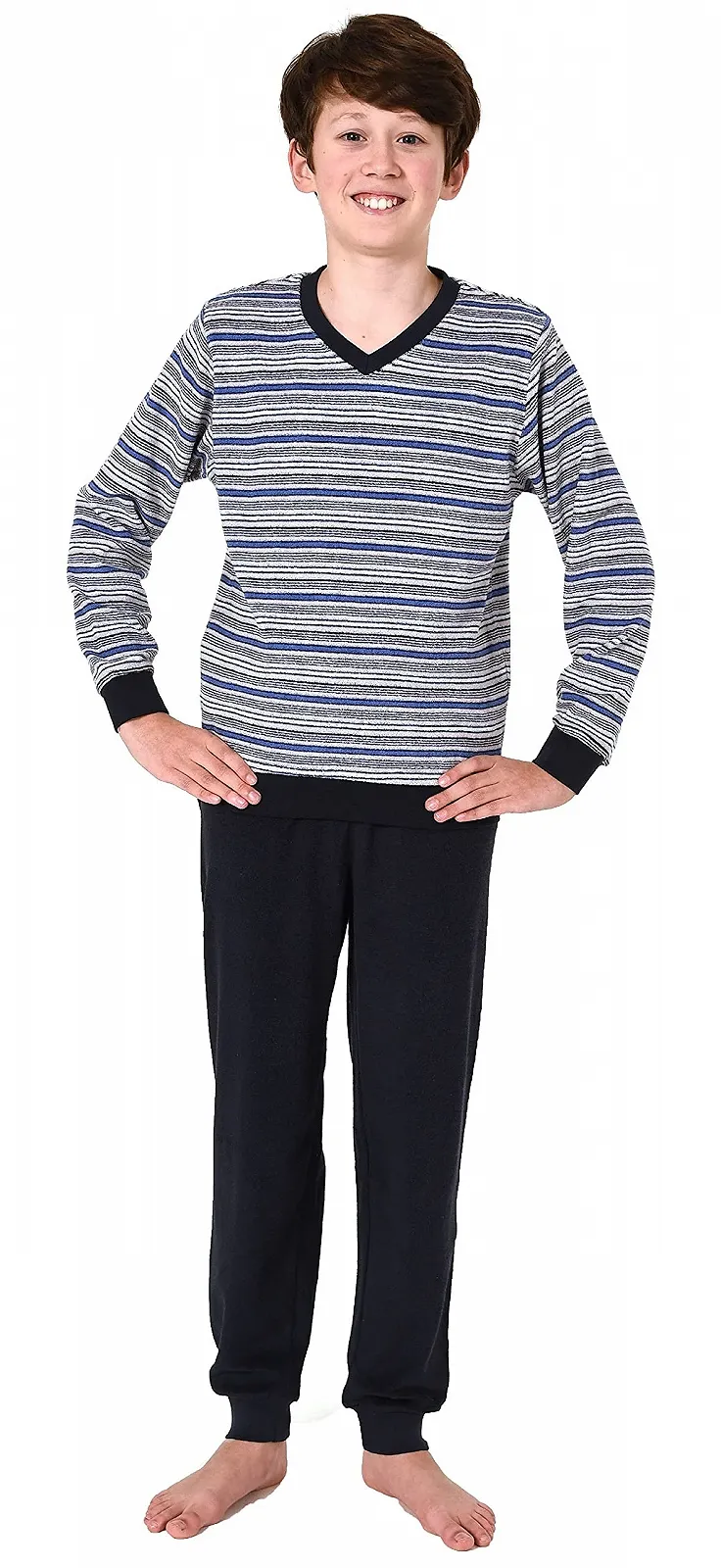 Тепла піжама для хлопчиків з махрової тканини, довга з манжетами та смужками 65689, фото №1