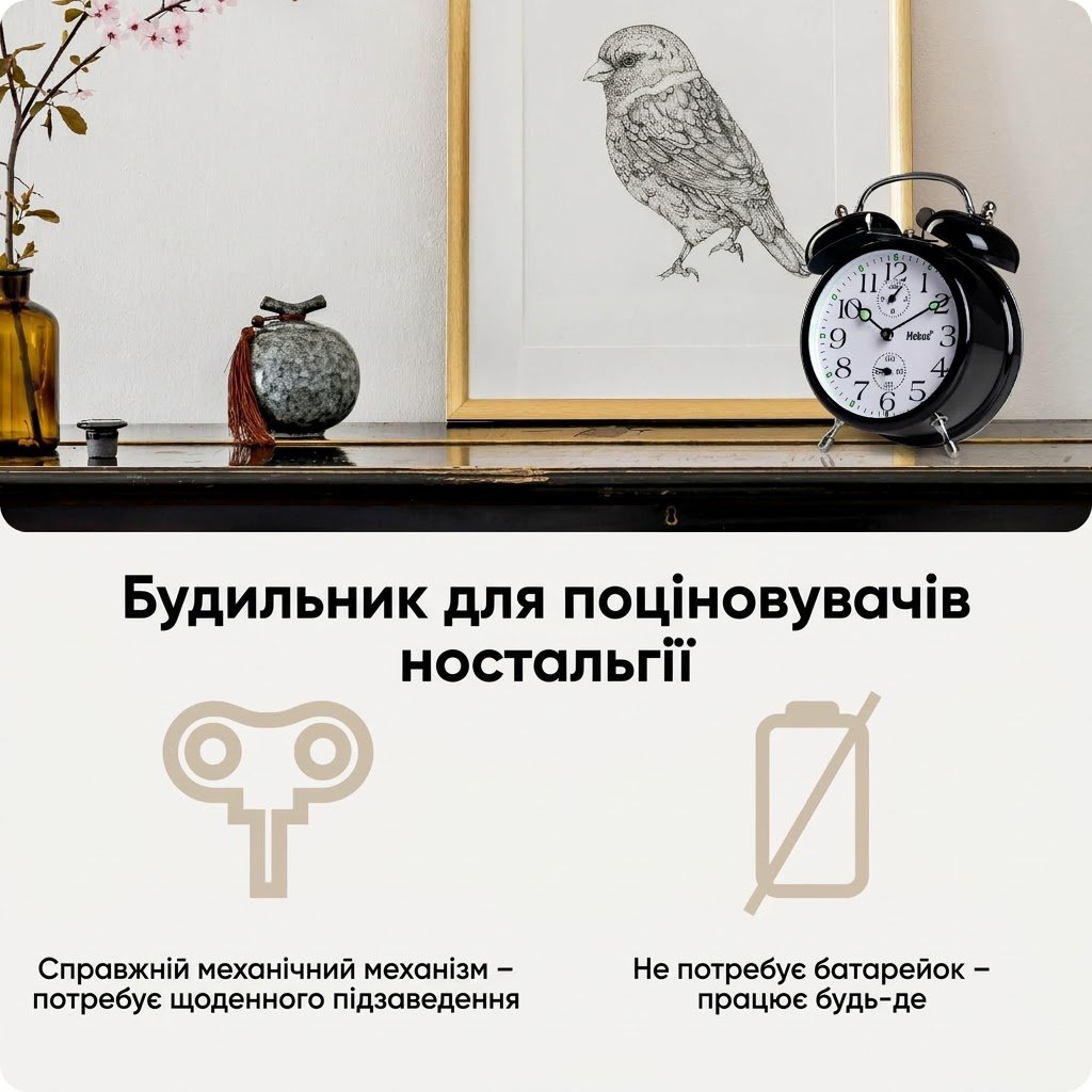 Механічний будильник Mebus Twin Bell Vintage Чорний, фото №5