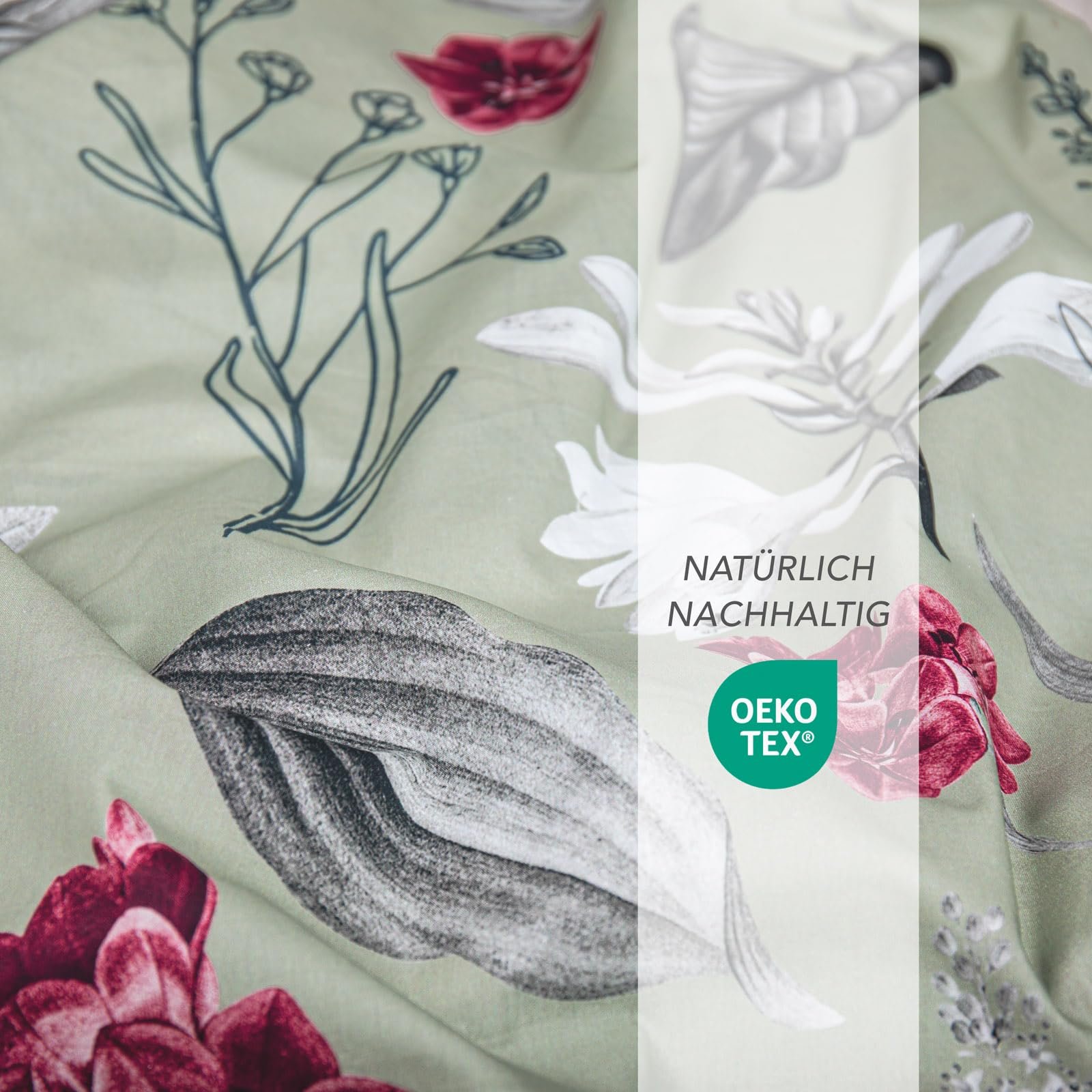 Постільна білизна з 4 предметів Pure Label Квіткова (135 x 200 см), з набором з 2 наволочок (80 x 80 см), надзвичайно м’яка постільна білизна, зелена, 100% бавовна, з блискавкою YKK, фото №4