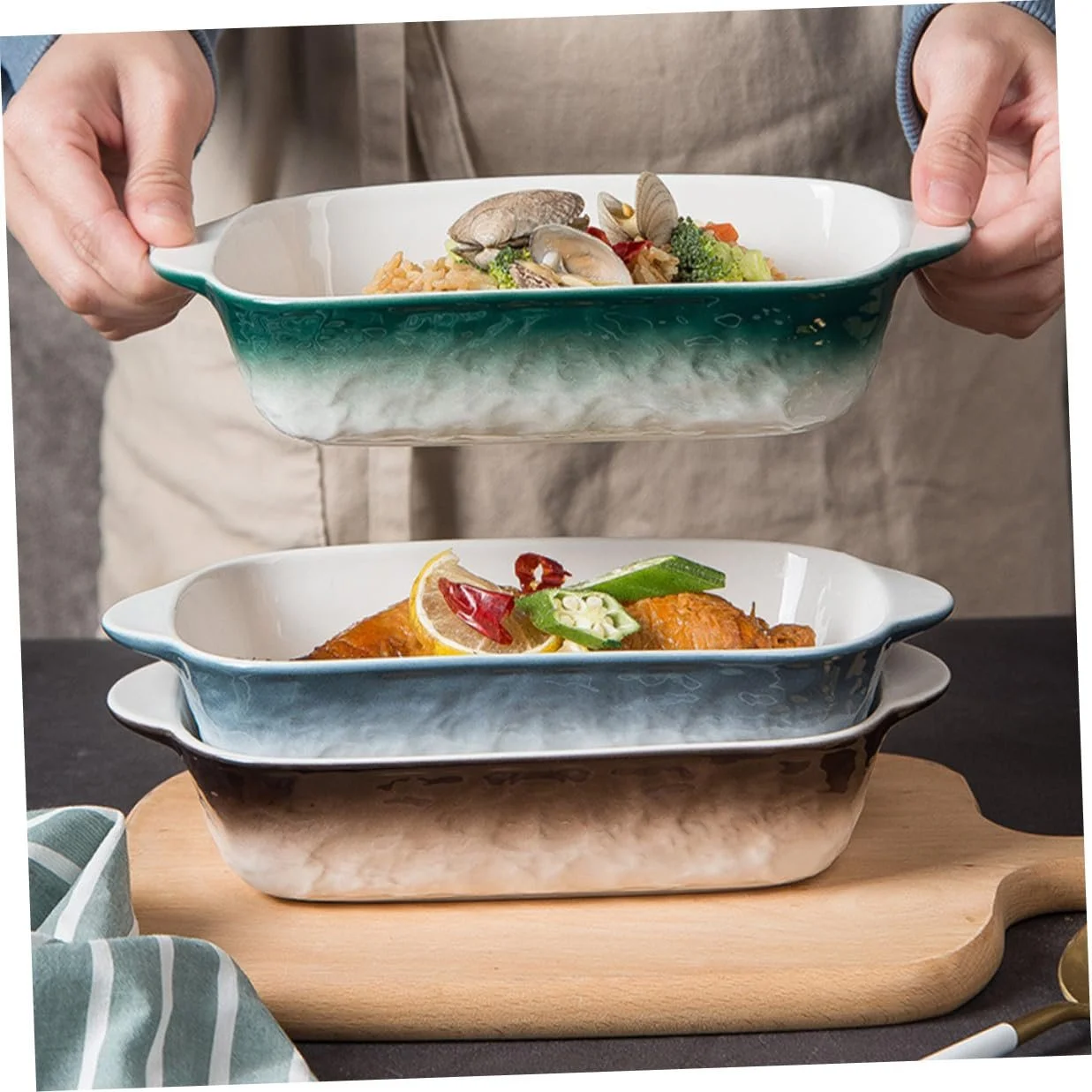 Форма для запекания DECHOUS Керамика Прямоугольная с ручками Зеленая с каменным узором, фото №8