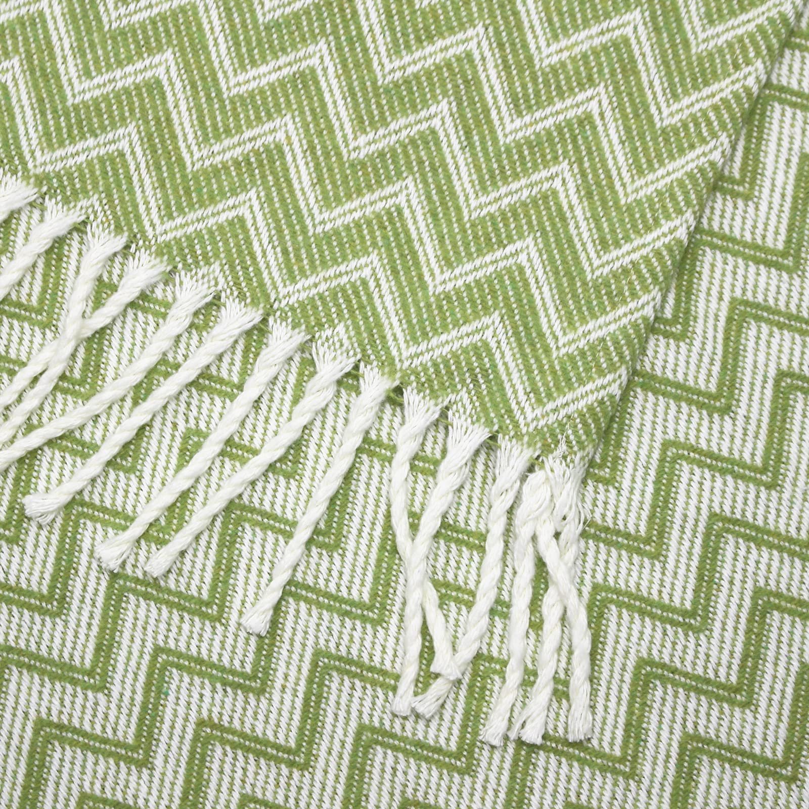 Покривало Moon Luxury Суміш бавовни 150 x 200 см Плед візерунок зигзаг з бахромою Білий/Світло-зелений, фото №2