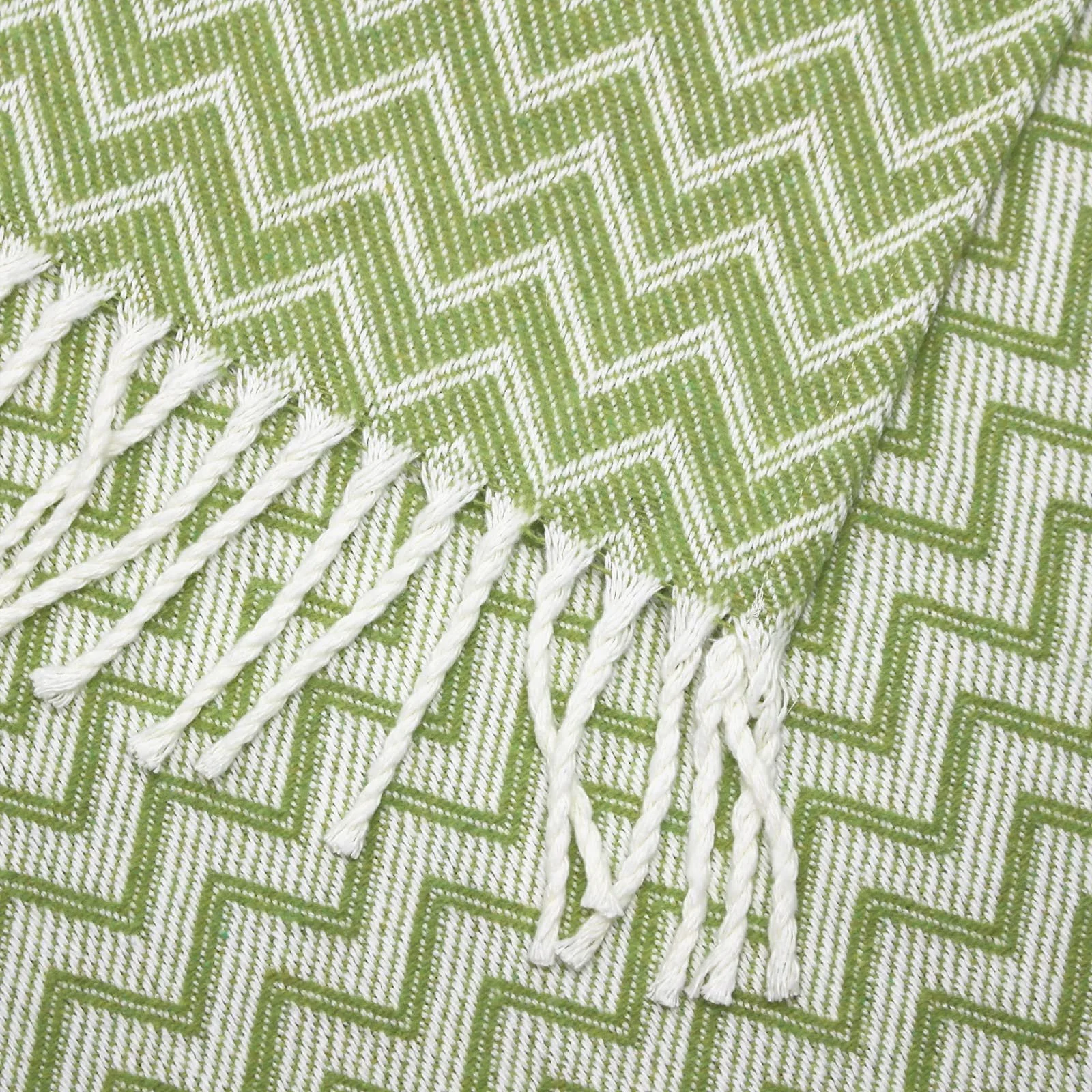 Одеяло Moon Luxury Смесь хлопка 150 x 200 см Плед узор зигзаг с бахромой Белый/Светло-зеленый, фото №2